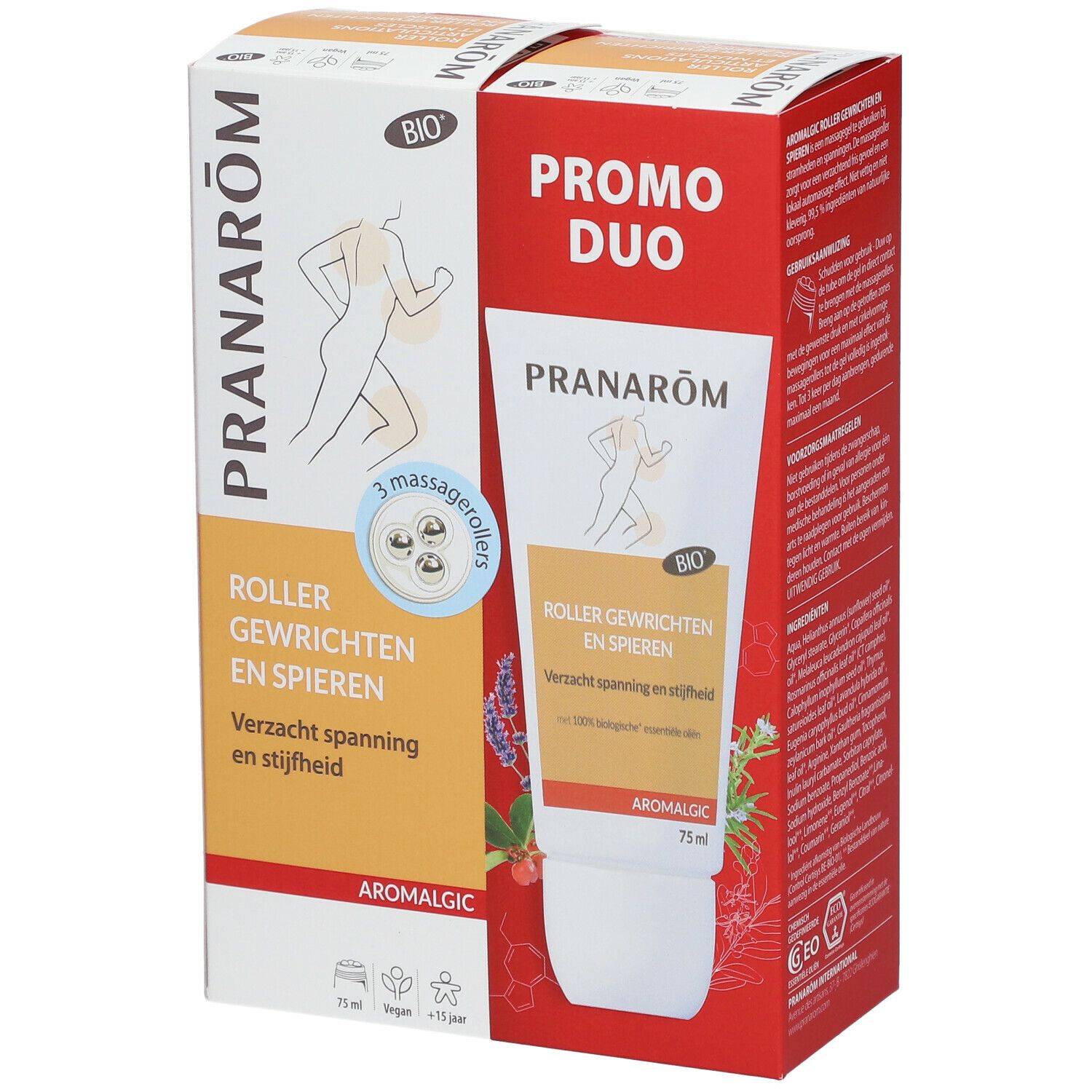 PRANAROM Roller, pack Duo. Tube à 3 billes massantes, 75 ml. Emballage avec illustration et texte. Certification Bio.
