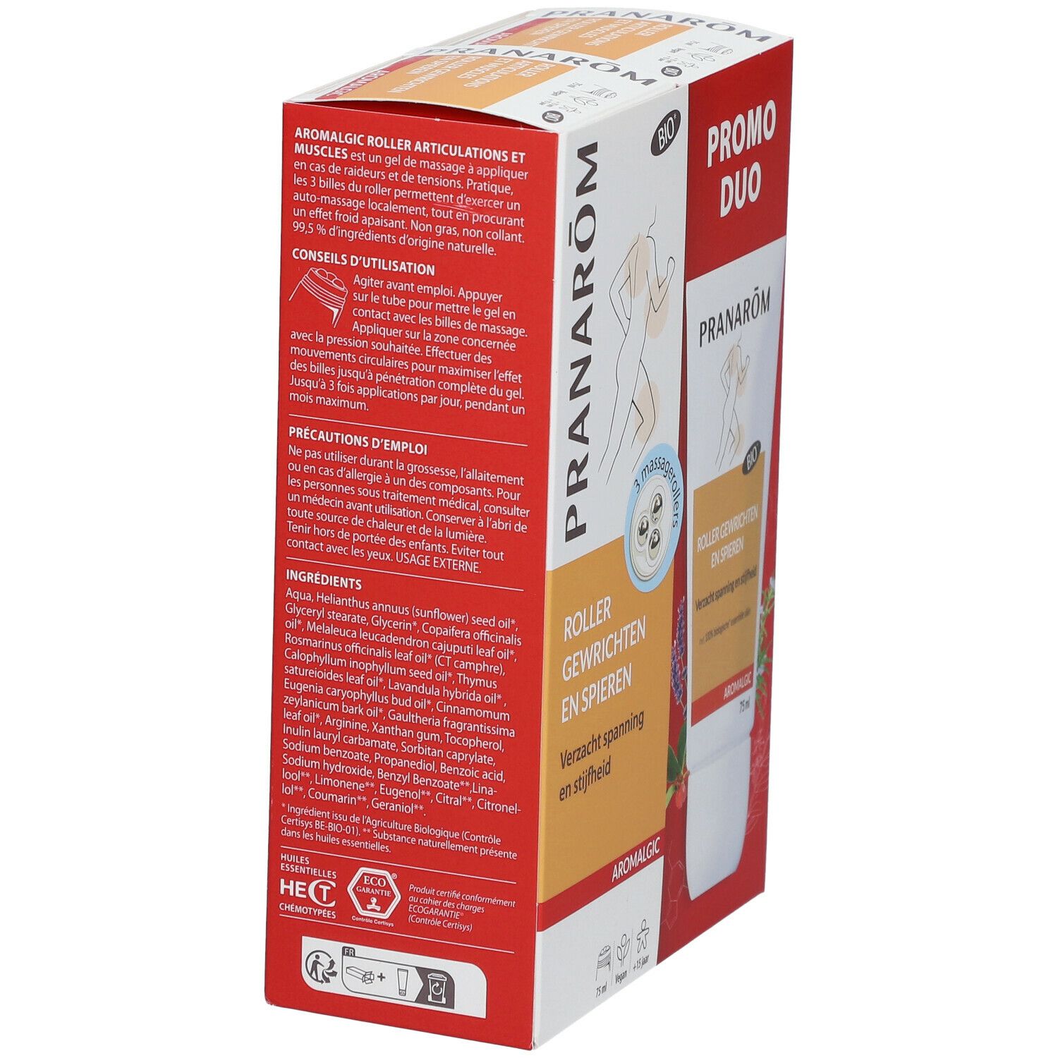 PRANAROM Roller, pack Duo. Tube à 3 billes massantes, 75 ml. Emballage avec illustration et texte. Certification Bio.