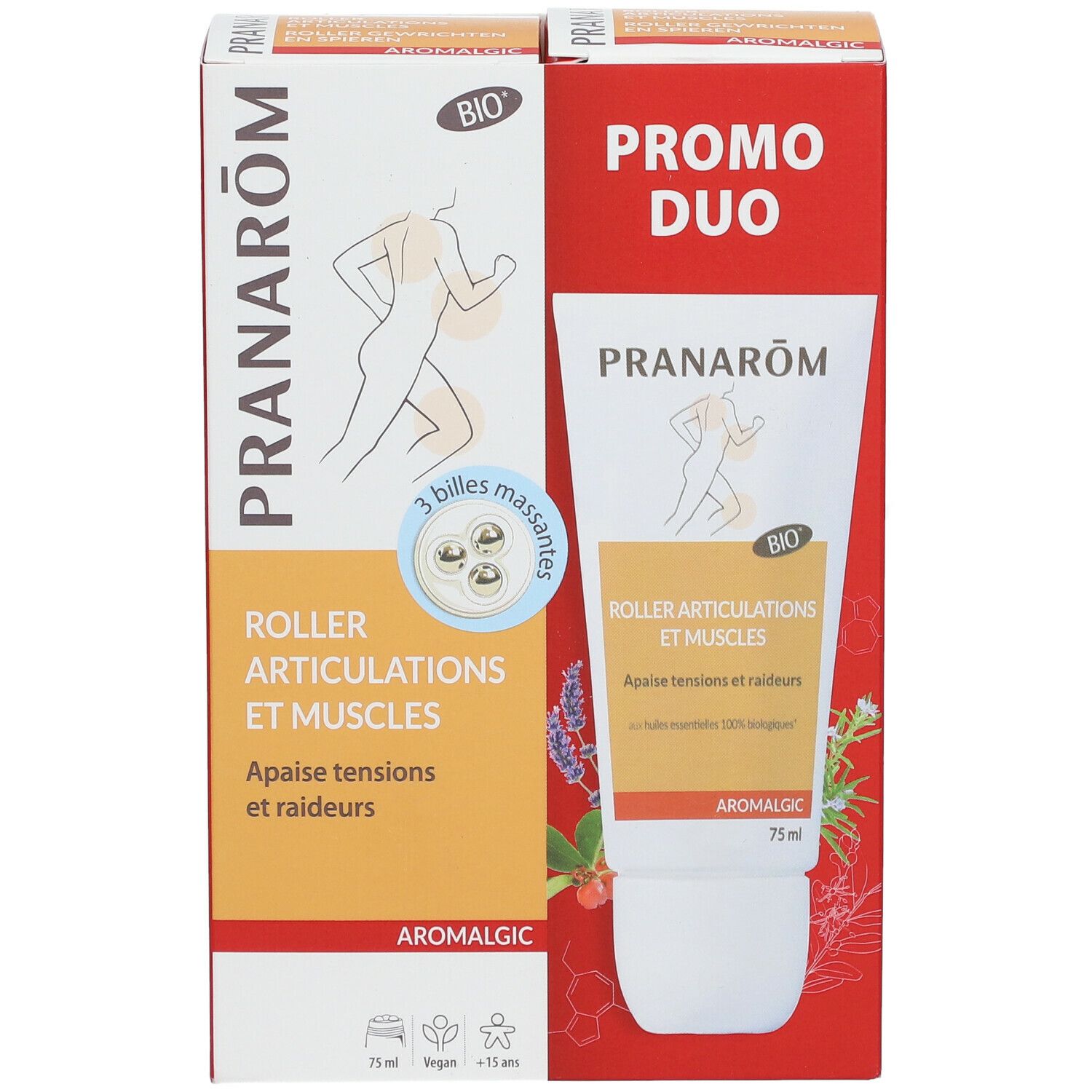 PRANAROM Roller, pack Duo. Tube à 3 billes massantes, 75 ml. Emballage avec illustration et texte. Certification Bio.