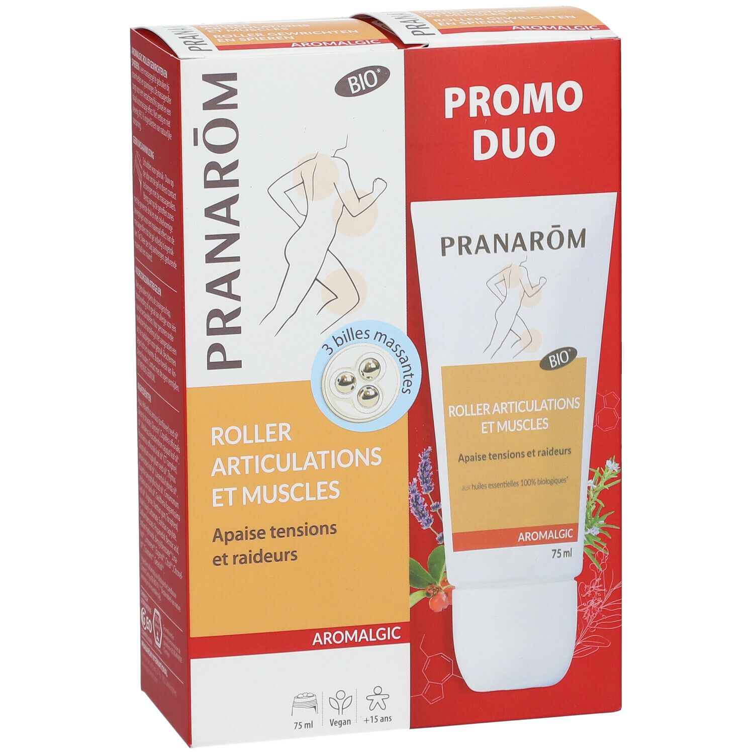 PRANAROM Roller, pack Duo. Tube à 3 billes massantes, 75 ml. Emballage avec illustration et texte. Certification Bio.