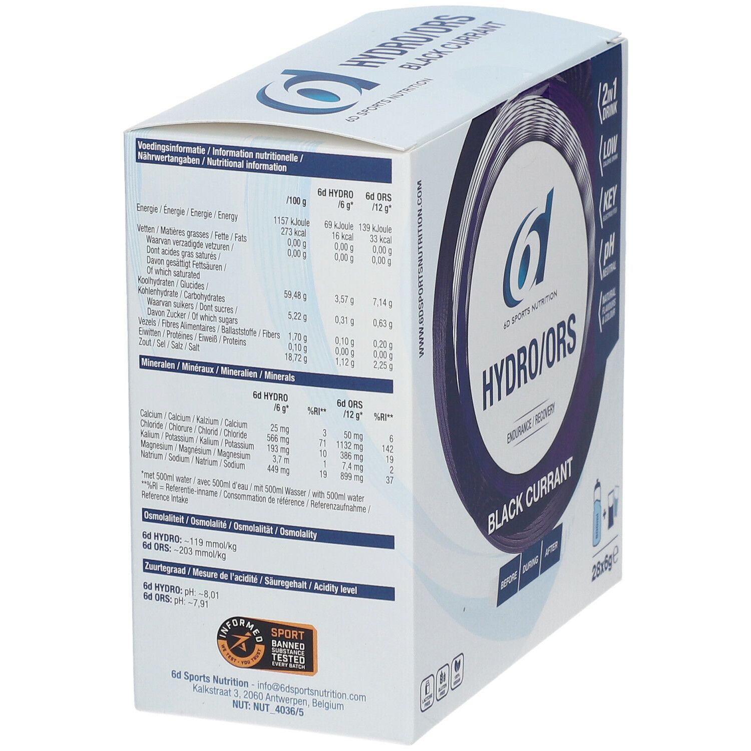 Boîte de 6D Sports Nutrition HYDRO/ORS Black Currant. Informations nutritionnelles et minérales. Contient des informations sur la domosité et le pH.