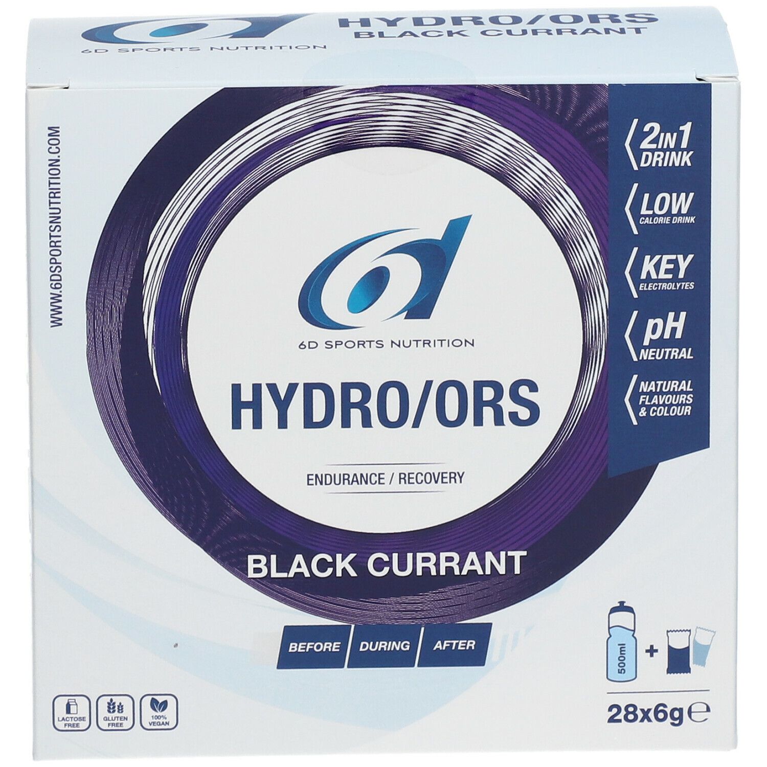 Face avant de la boîte 6D Sports Nutrition HYDRO/ORS Black Currant. Nom du produit, logo, 2 en 1 boisson, faible en calories, électrolytes clés, pH neutre.