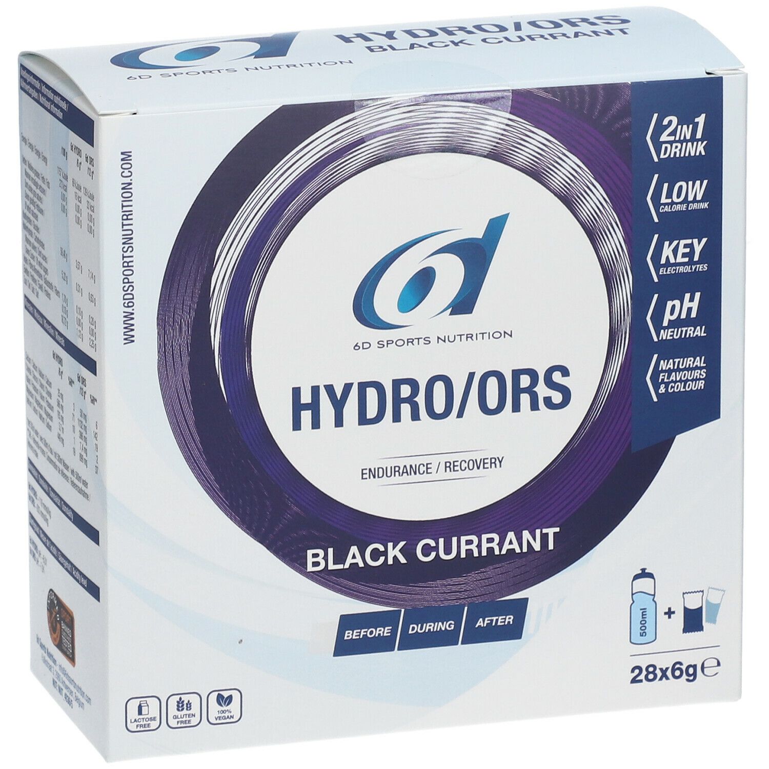 Boîte de 6D Sports Nutrition HYDRO/ORS Black Currant. Nom du produit, logo, 2 en 1 boisson, faible en calories, électrolytes clés, pH neutre. 28x6g.