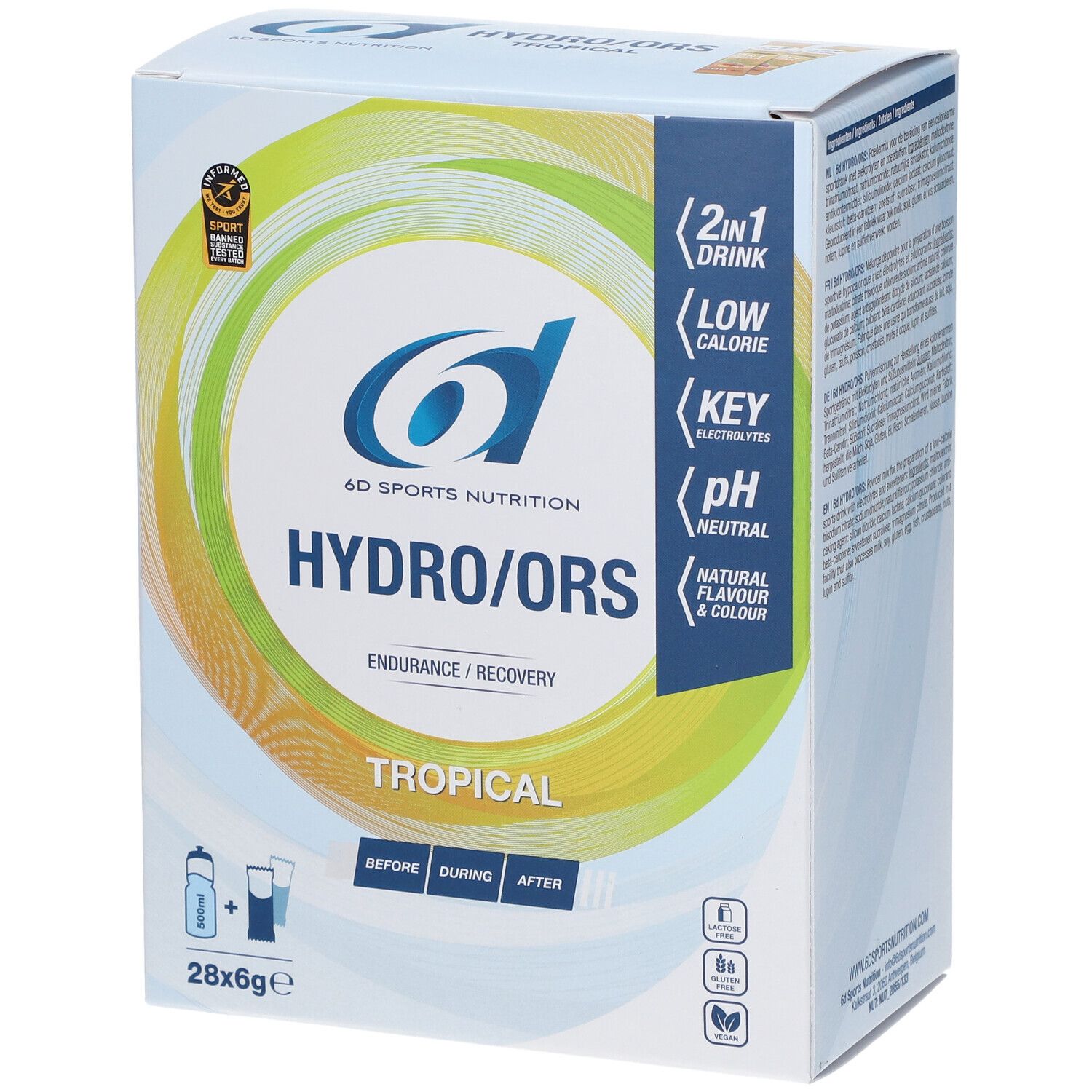 Doos met 6D Sports Nutrition Hydro/ORS. Opschriften: Hydro/ORS, Tropical, 28x6g, 2in1 Drink, Low Calorie, Key Electrolytes, pH neutral.