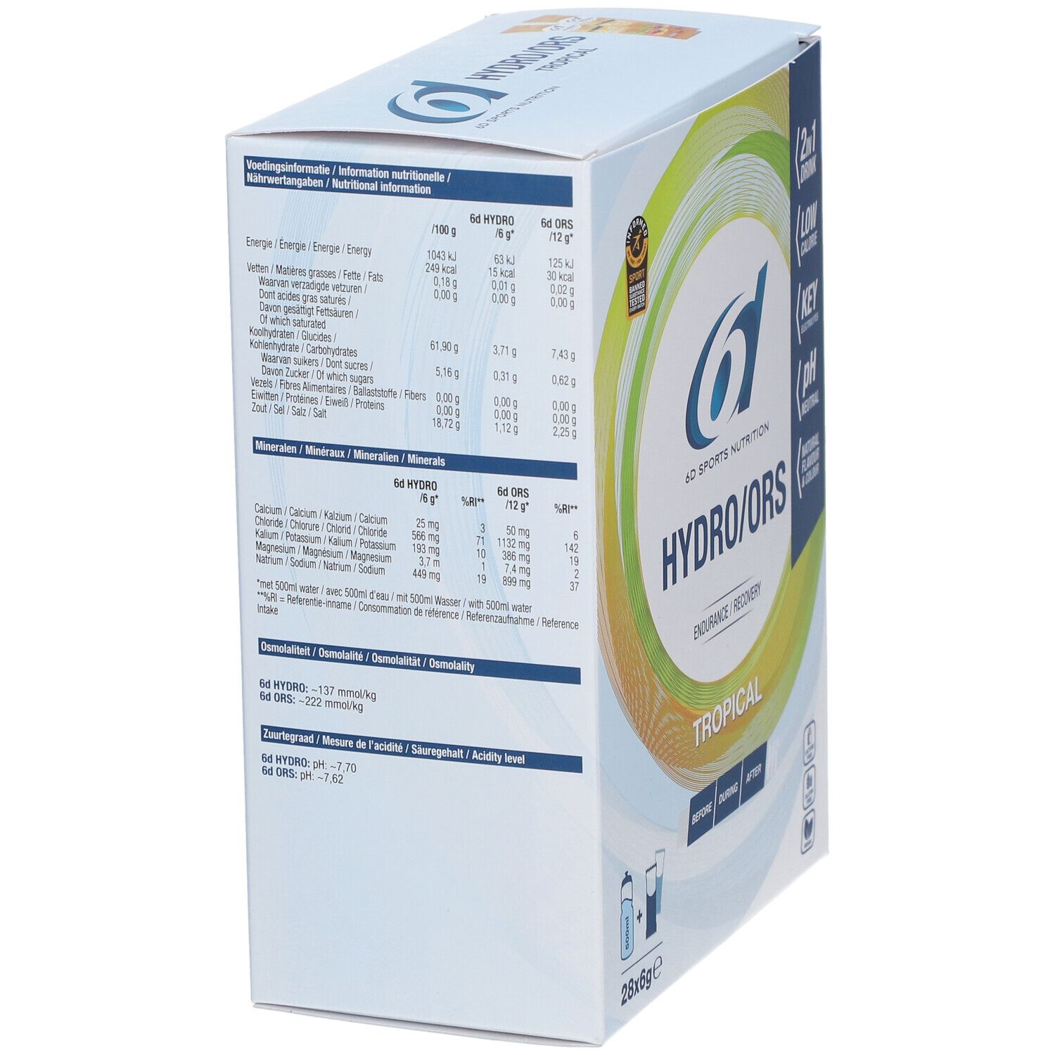 Doos van 6D Sports Nutrition Hydro/ORS. Zijaanzicht met voedingswaarde en mineralen. Opschrift: Hydro/ORS, Tropical, 28x6g.