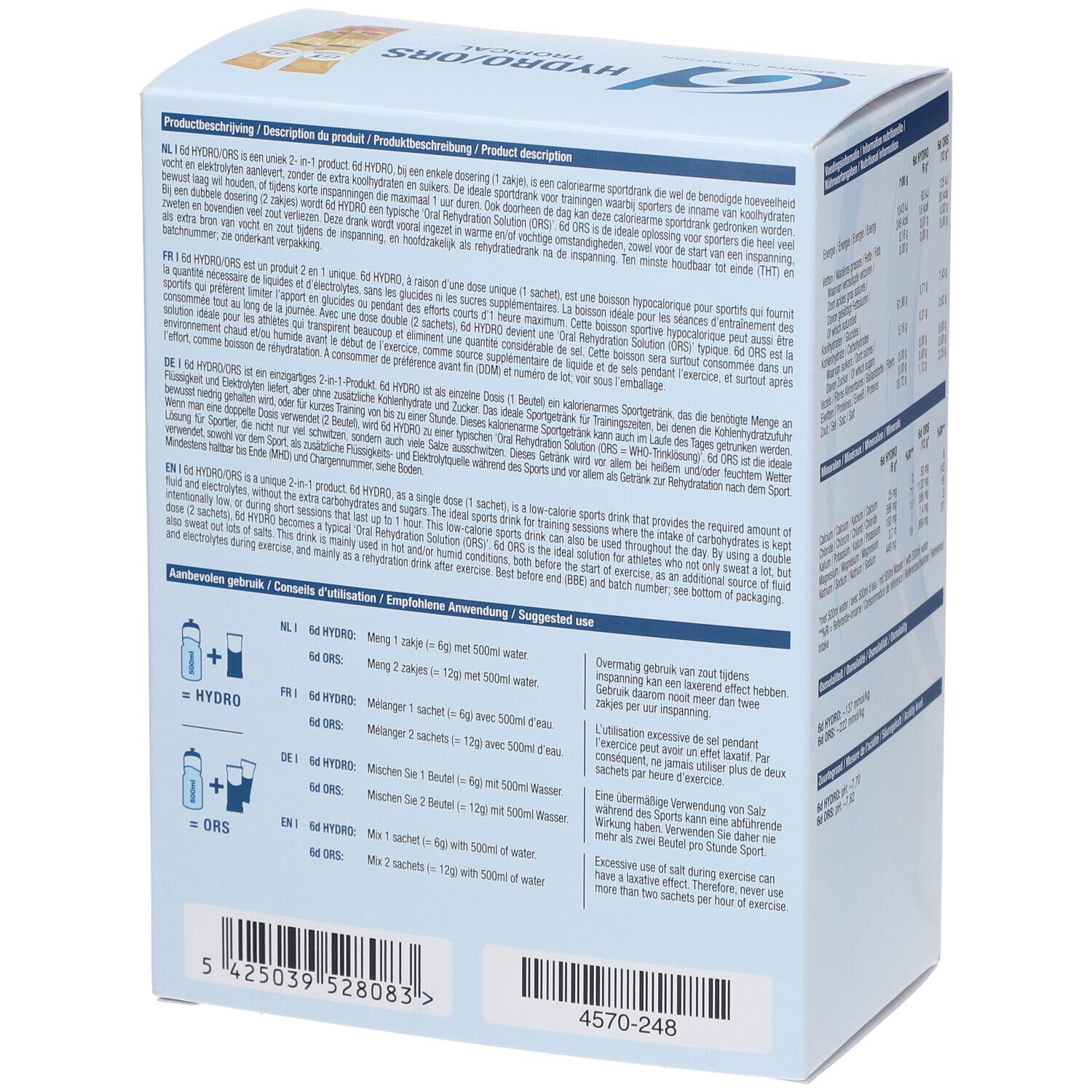 Achterkant van de 6D Sports Nutrition Hydro/ORS-doos. Tekst in meerdere talen. Opschrift: Hydro/ORS, Tropical, 28x6g.