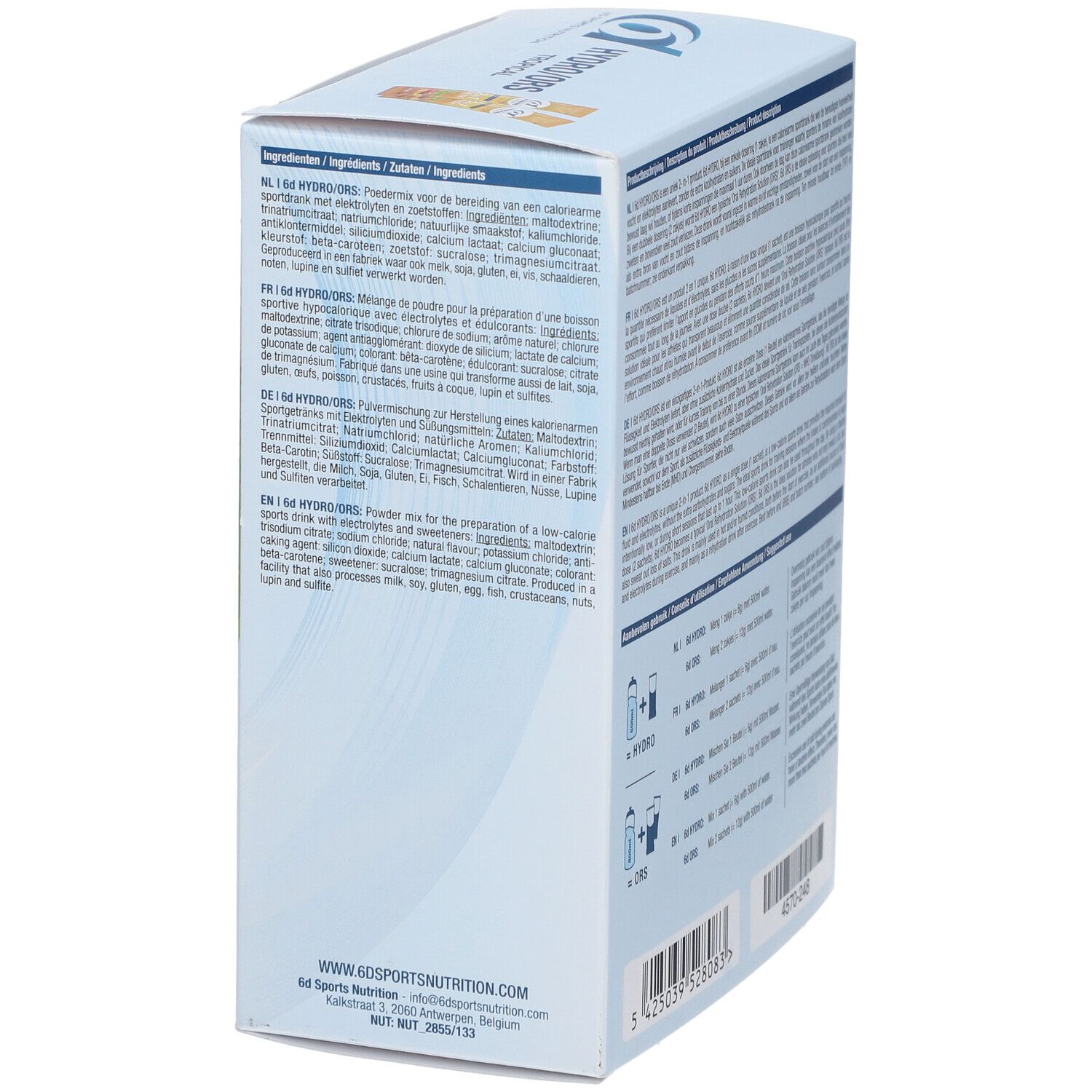 Zijkant van de 6D Sports Nutrition Hydro/ORS-doos. Tekst in meerdere talen. Opschrift: Hydro/ORS, Tropical, 28x6g.