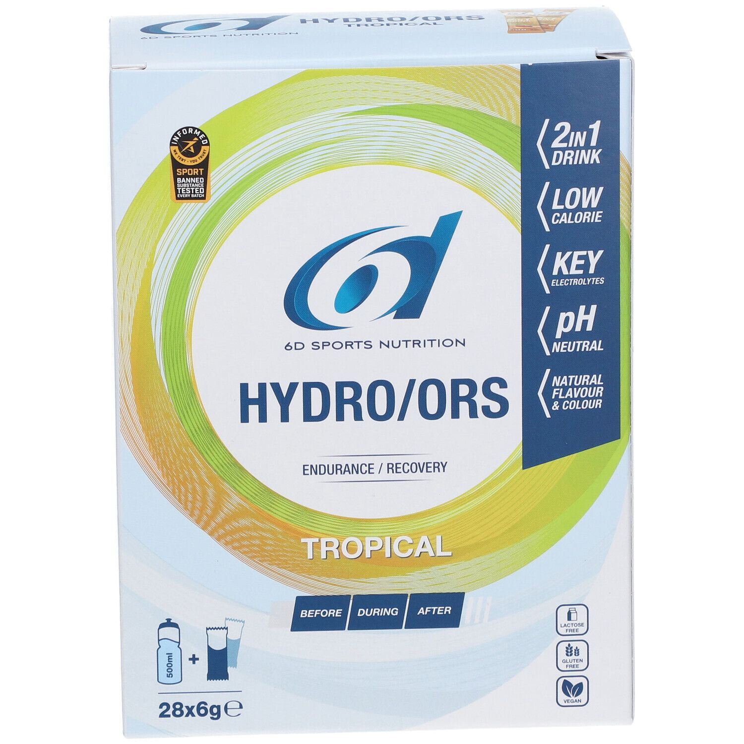 Doos met 6D Sports Nutrition Hydro/ORS. Opschriften: Hydro/ORS, Tropical, 28x6g, 2in1 Drink, Low Calorie, Key Electrolytes, pH neutral.