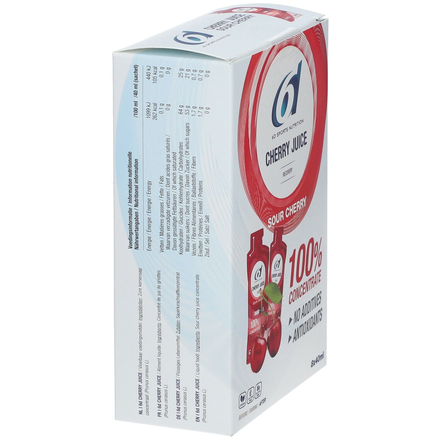 Boîte de 6D Sports Nutrition Cherry Juice. Vue latérale avec informations nutritionnelles et ingrédients. 8 sachets de 40ml.