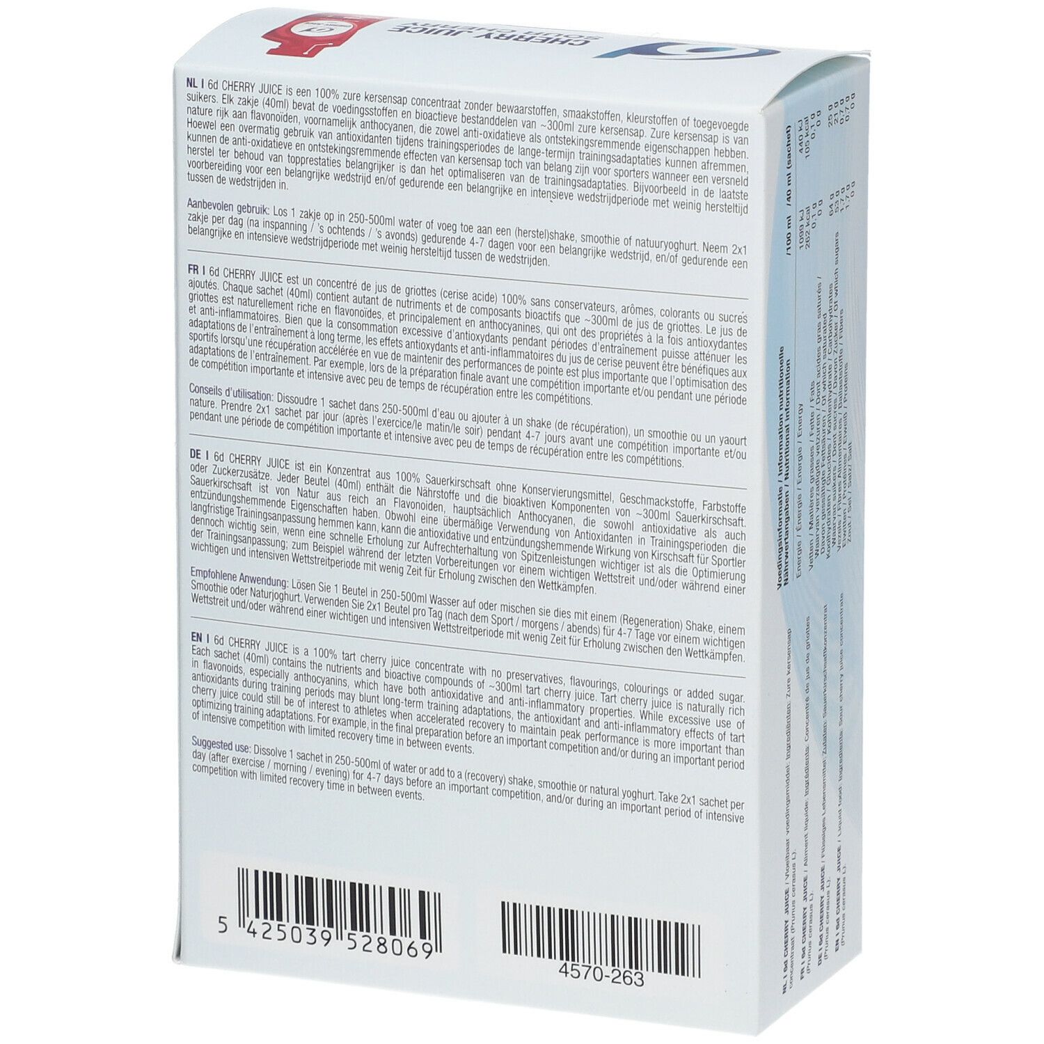 Dos de la boîte de 6D Sports Nutrition Cherry Juice. Texte en plusieurs langues. Contient 8 sachets.