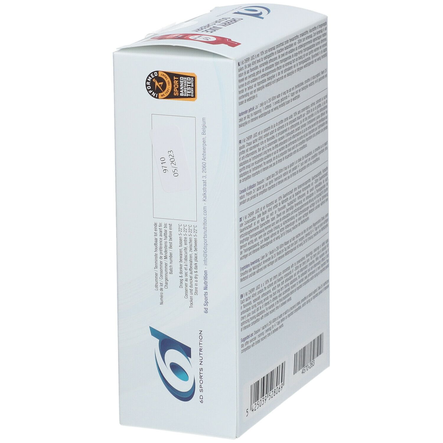 Vue latérale de la boîte de 6D Sports Nutrition Cherry Juice. Avec certifications et date de péremption.