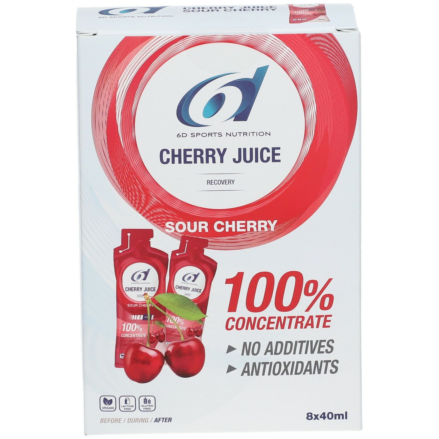 Boîte de 6D Sports Nutrition Cherry Juice. Vue de face avec image du produit et texte : 100% concentré, sans additifs.