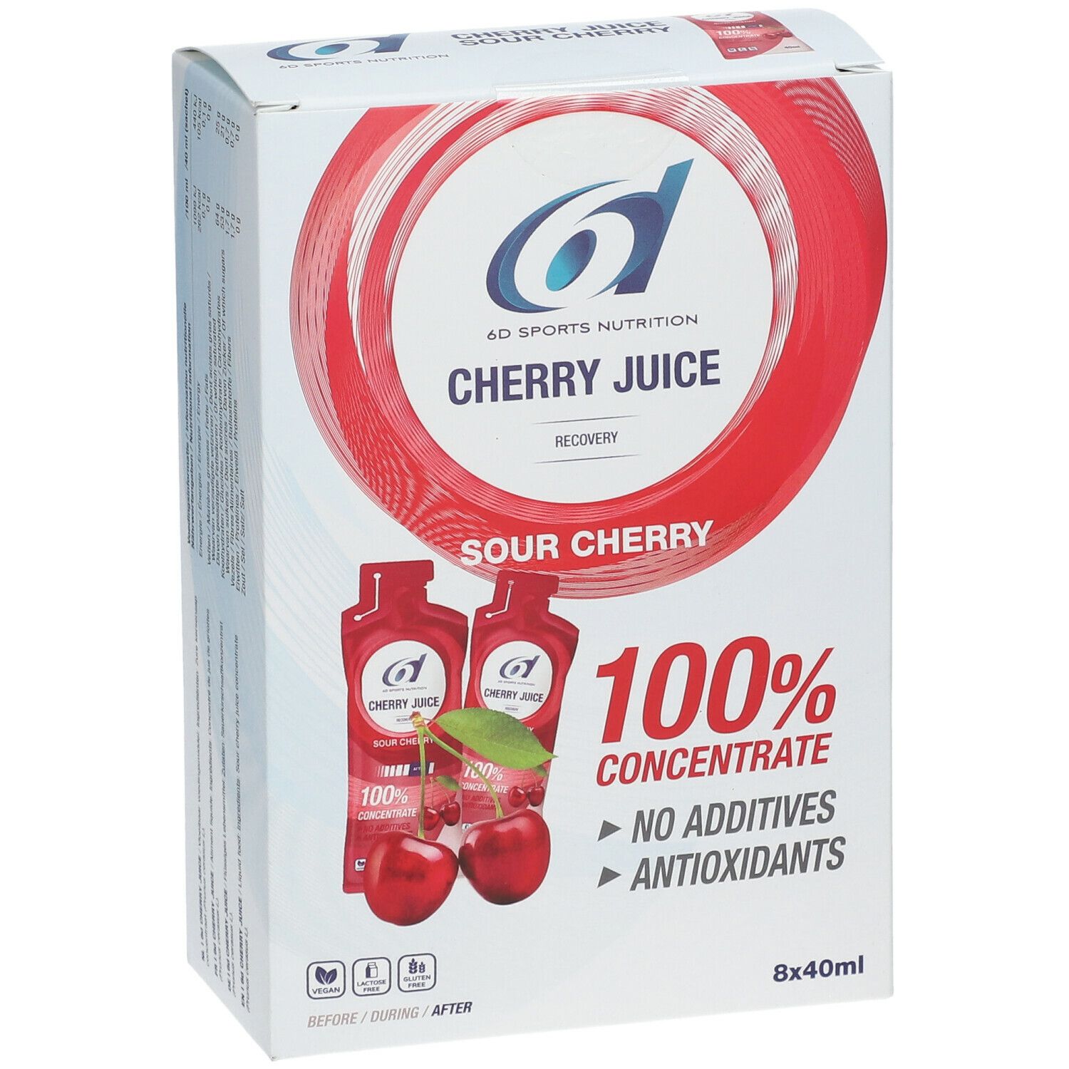Boîte de 6D Sports Nutrition Cherry Juice. Vue de face avec image du produit et texte : 100% concentré, sans additifs.