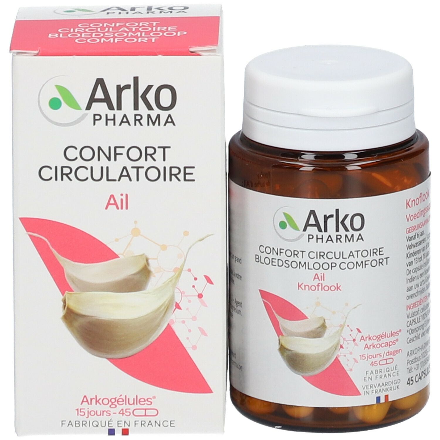 Produktverpackung und Flasche. Aufschrift: Nahrungsergänzungsmittel. Marke: Arkopharma. Enthält Knoblauch.