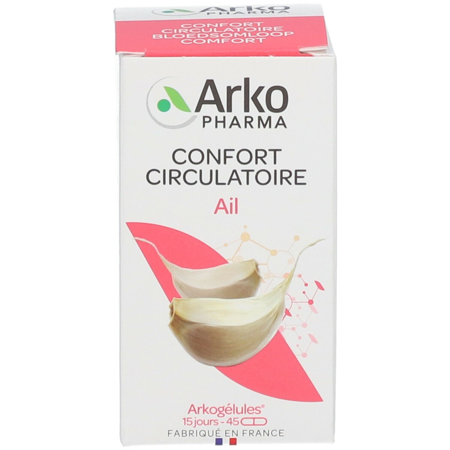 Produktverpackung. Aufschrift: Nahrungsergänzungsmittel. Marke: Arkopharma. Enthält Knoblauch.