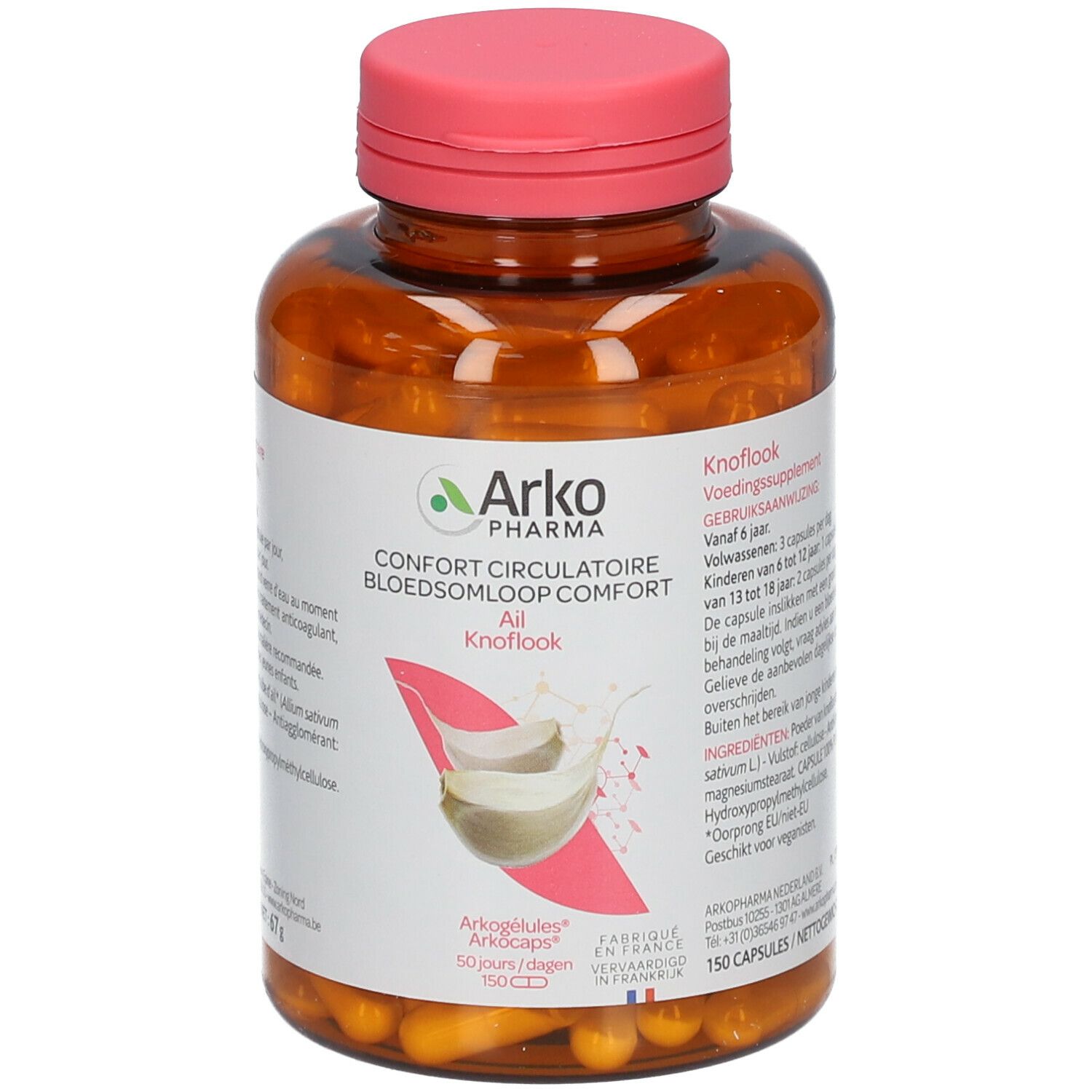 Bruine fles met roze dop. Bevat capsules. Opschrift: Arko Pharma, Ail, Knoflook. Afbeelding van knoflookteentjes.