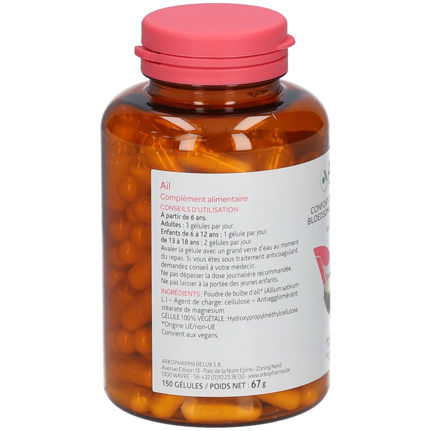 Achterkant van een bruine fles met roze dop. Bevat capsules. Opschrift: Ail, voedingssupplement. Ingrediënten en gebruiksaanwijzing.
