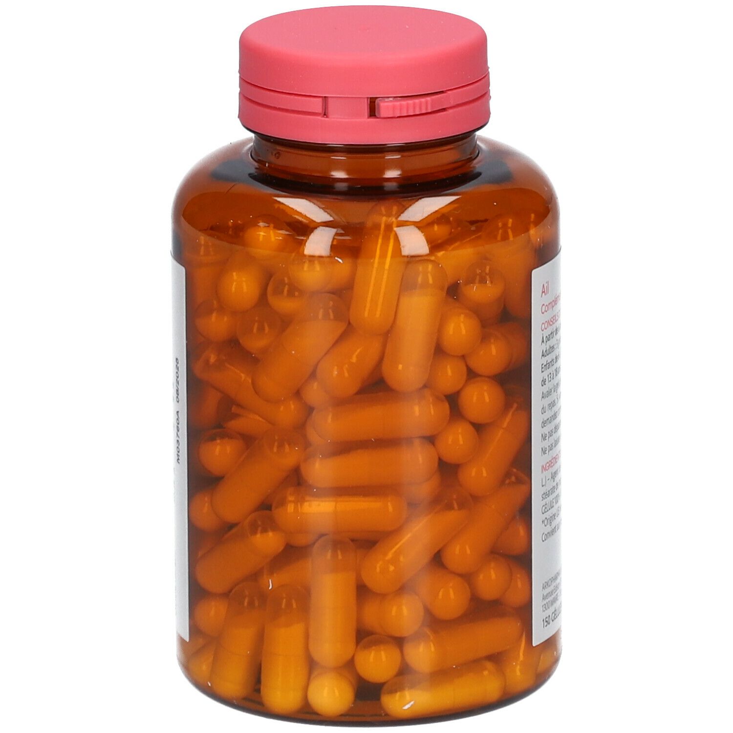 Bruine fles met roze dop. Bevat talrijke gele capsules. Opschrift niet zichtbaar.