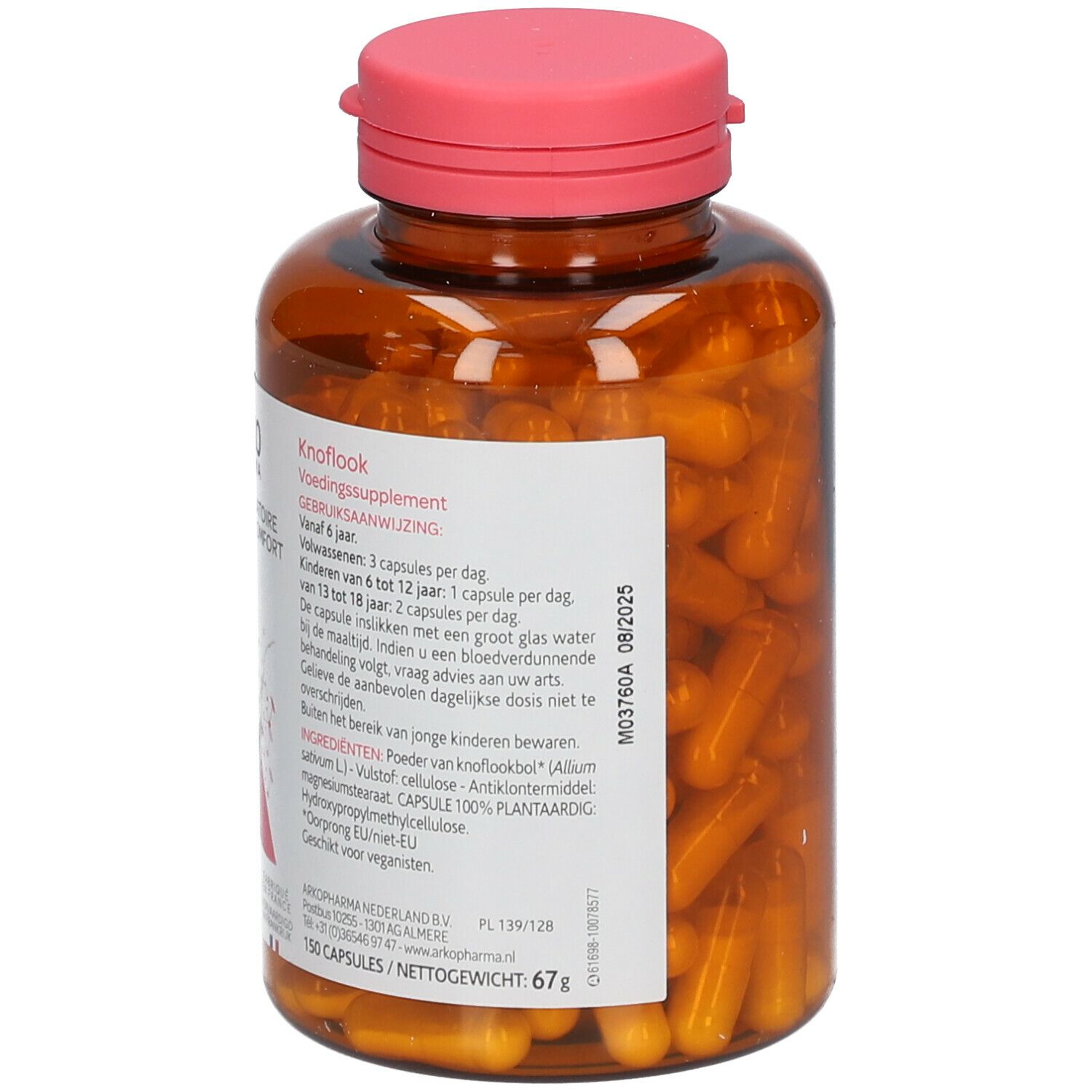 Achterkant van een bruine fles met roze dop. Bevat capsules. Opschrift: Knoflook, gebruiksaanwijzing. Ingrediënten en gebruiksaanwijzing.