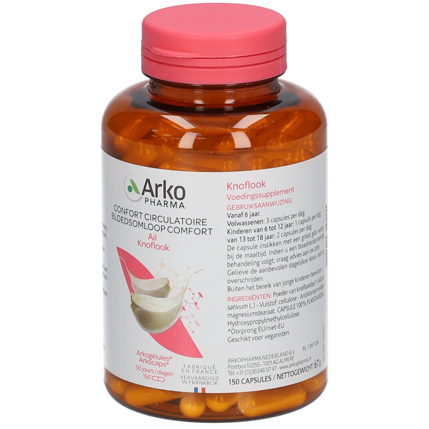 Bruine fles met roze dop. Bevat capsules. Opschrift: Arko Pharma, Ail, Knoflook. Afbeelding van knoflookteentjes.