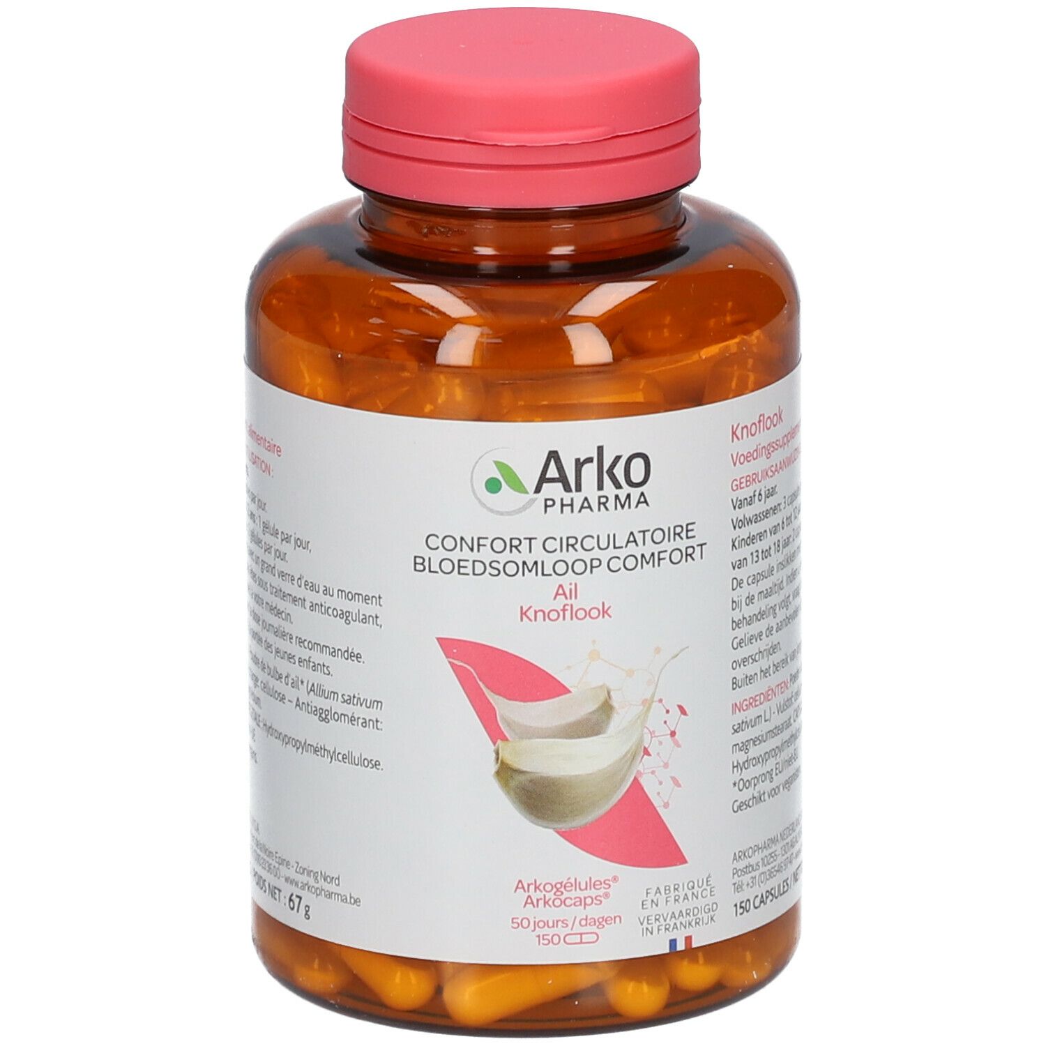 Bruine fles met roze dop. Bevat capsules. Opschrift: Arko Pharma, Ail, Knoflook. Afbeelding van knoflookteentjes.