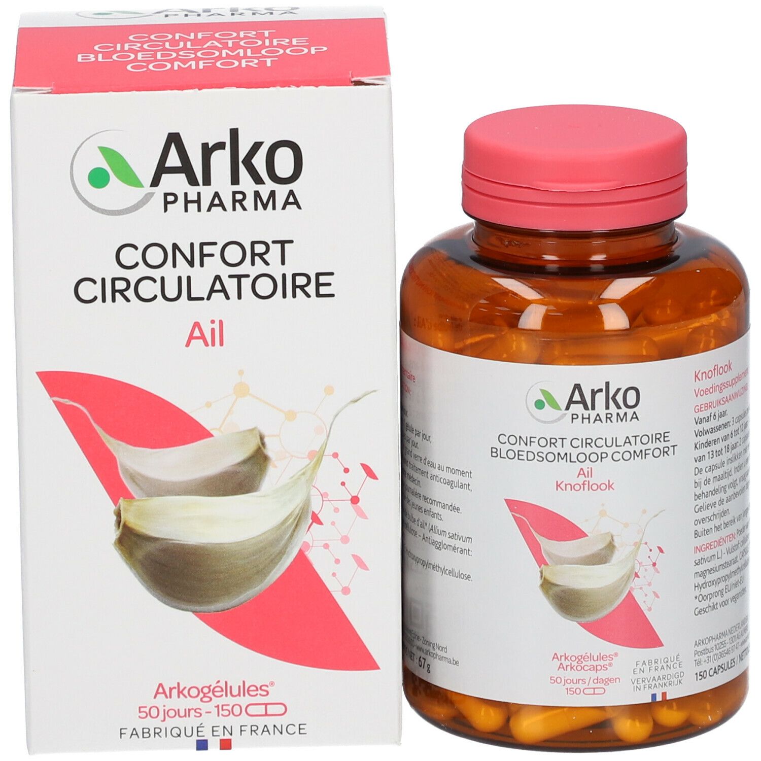 Bruine fles met roze dop en doos. Opschrift: Arko Pharma, Ail. Afbeelding van knoflookteentjes. Bevat capsules.