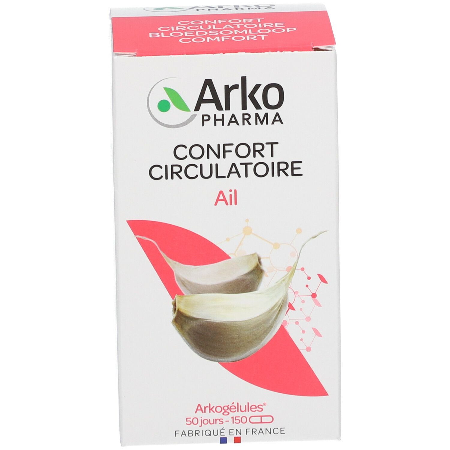 Witte doos met opschrift: Arko Pharma, Ail. Afbeelding van knoflookteentjes. Bevat capsules.