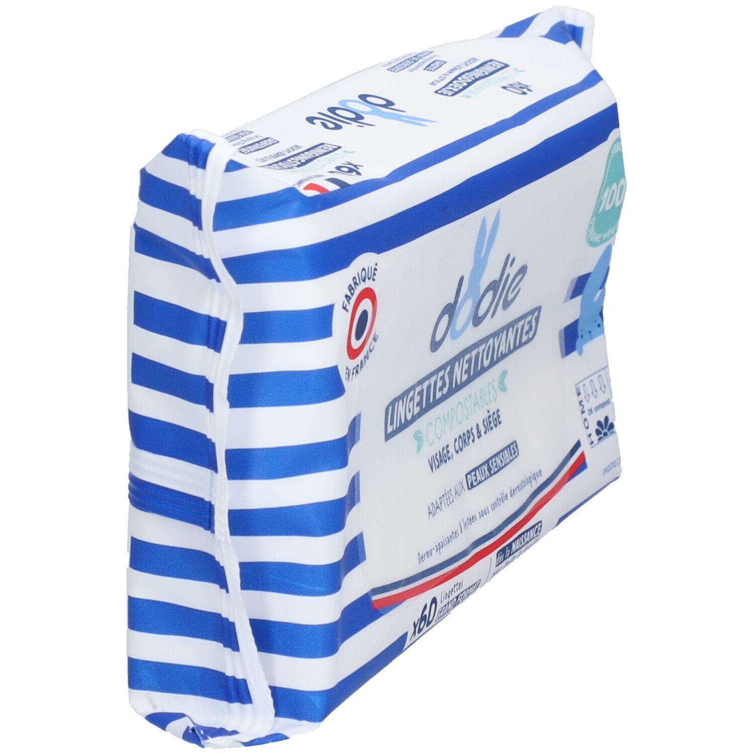 Verpackung mit blauen Streifen. Aufschrift: Dodie, Lingettes Nettoyantes. Seitenansicht. Französisches Herkunftssiegel.
