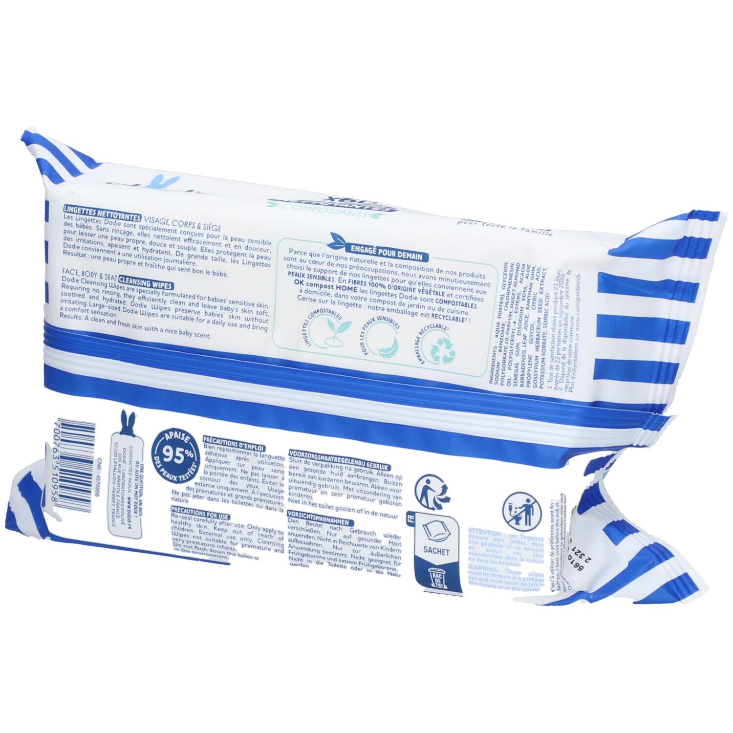 Rückseite der Verpackung. Text und Logos. Informationen über Inhaltsstoffe und Recycling. Blaue und weiße Streifen.