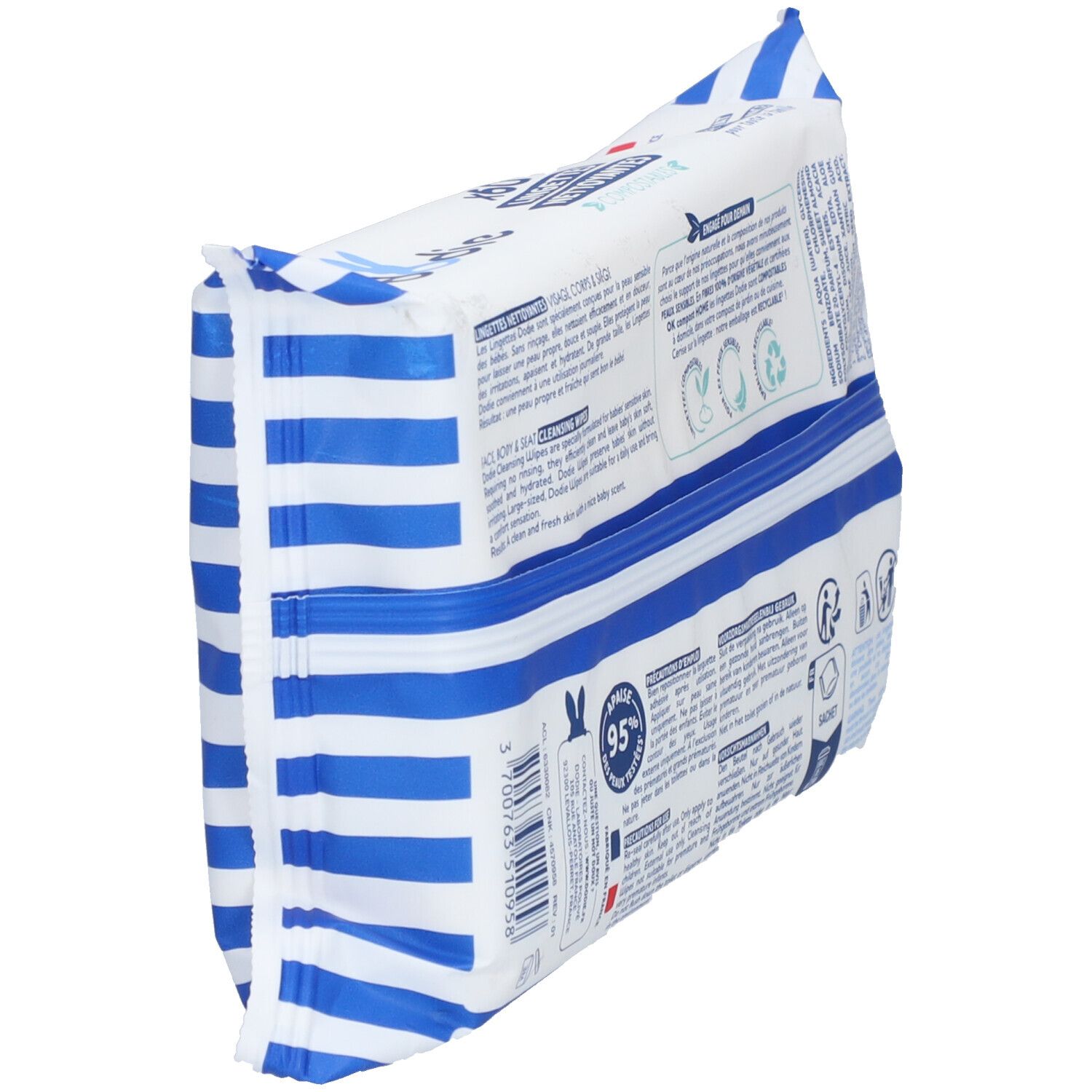 Verpackung mit blauen Streifen. Text und Logos. Informationen über Inhaltsstoffe und Recycling. Seitenansicht.