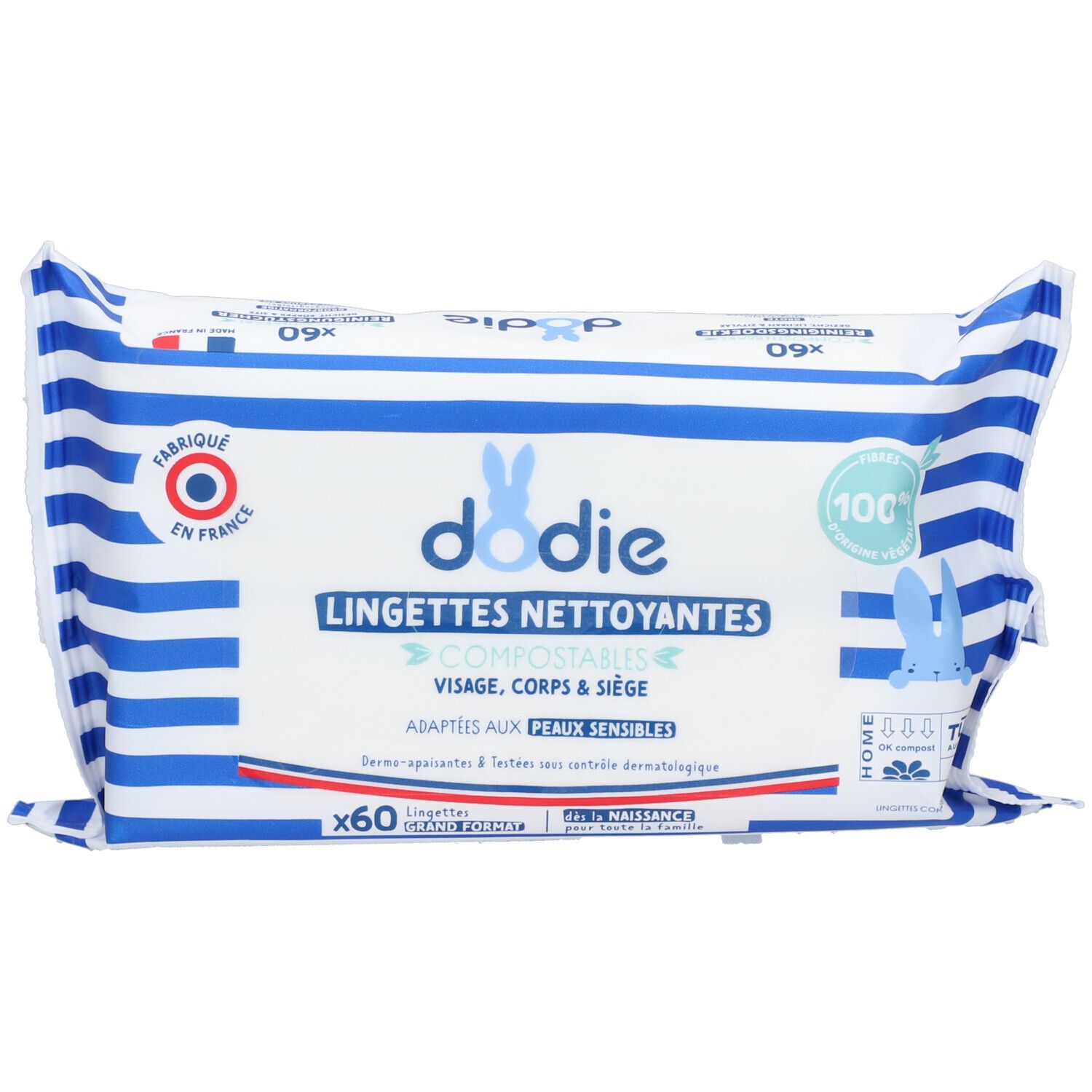 Weiße Verpackung mit blauen Streifen. Aufschrift: Dodie, Lingettes Nettoyantes, 60 Stück. Französisches Herkunftssiegel.