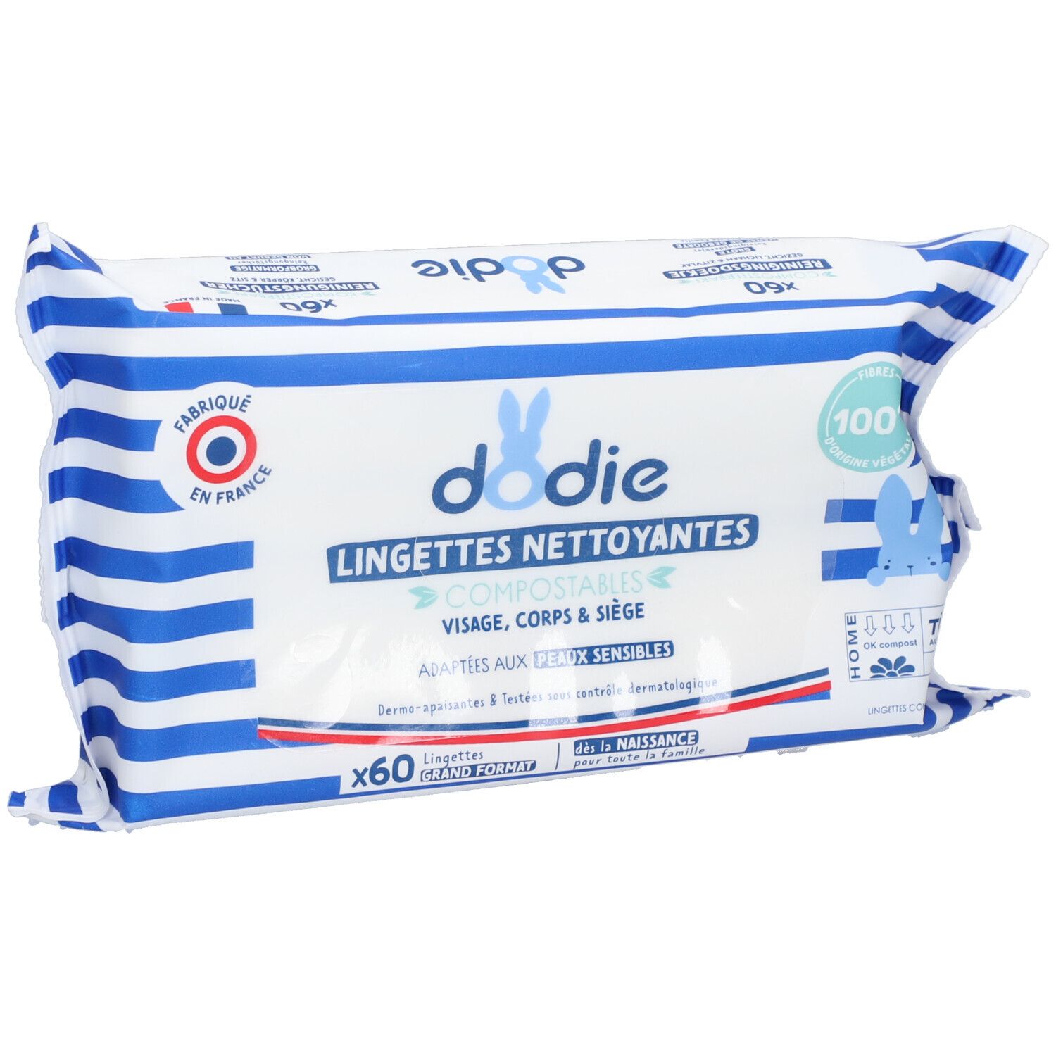 Weiße Verpackung mit blauen Streifen. Aufschrift: Dodie, Lingettes Nettoyantes, 60 Stück. Französisches Herkunftssiegel.