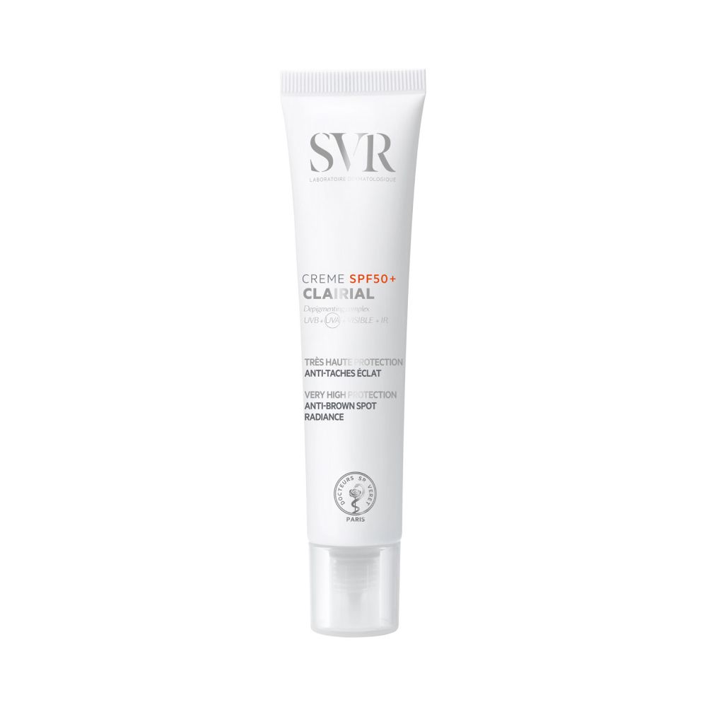 Tube blanc SVR. Crème SPF50+ Clairial Anti-taches éclat. Bouchon transparent.