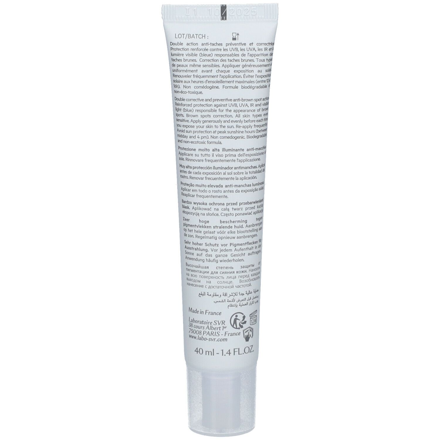 Dos du tube blanc. Texte multilingue. Informations fabricant et logo.