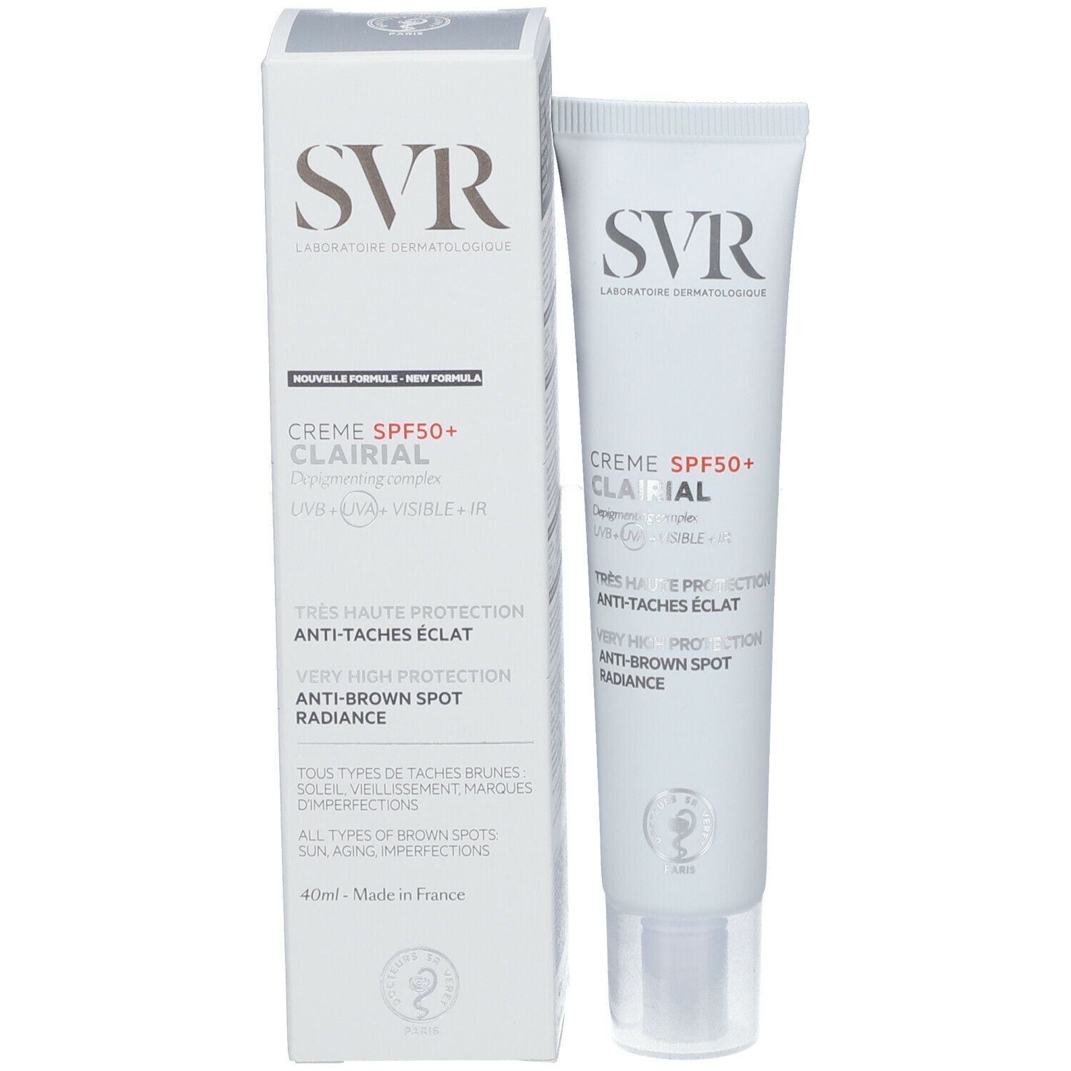 Tube et boîte blancs. SVR. Crème SPF50+ Clairial Anti-taches éclat. Texte en français.