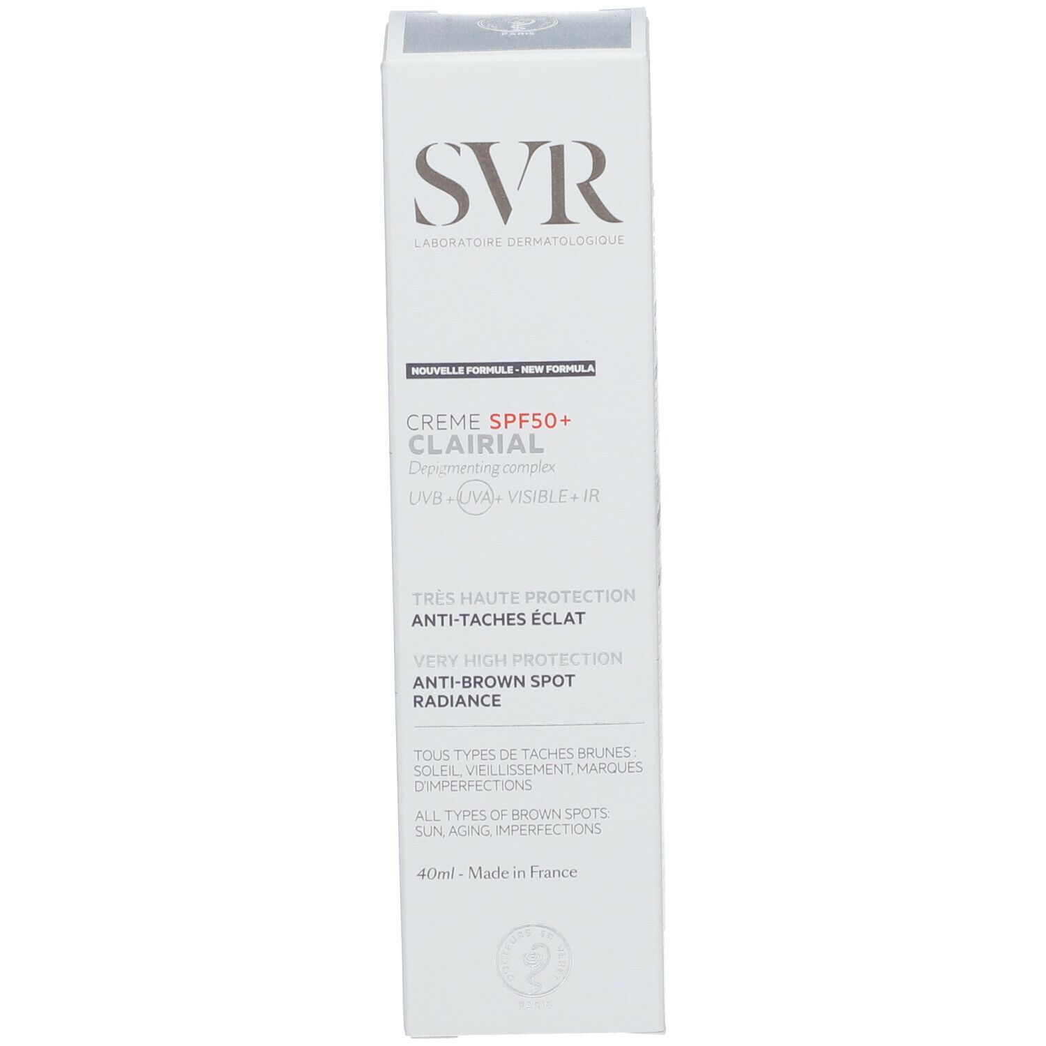 Boîte blanche SVR. Crème SPF50+ Clairial Anti-taches éclat. Texte en français.