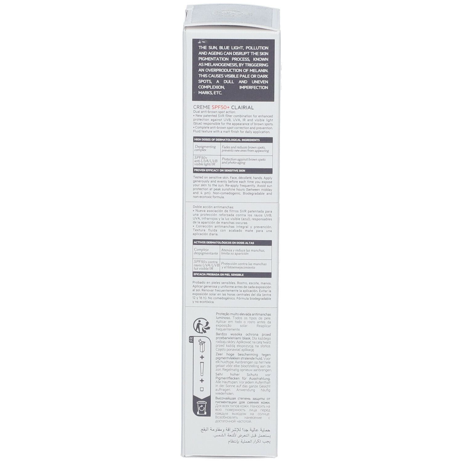 Dos de la boîte blanche. Texte multilingue. Informations fabricant et logo.