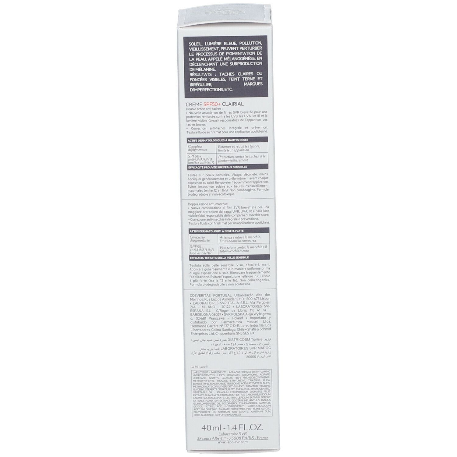 Dos de la boîte blanche. Texte multilingue. Informations fabricant et logo.