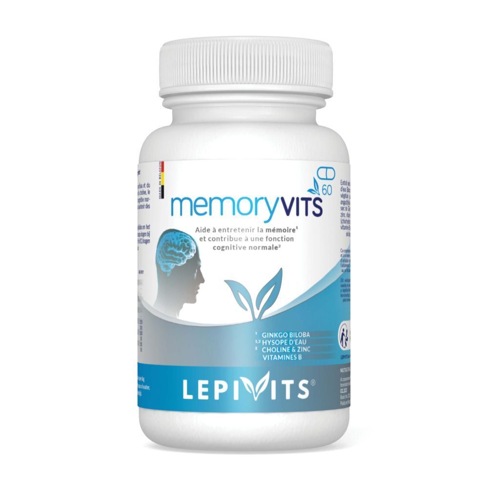 Witte fles "memoryVITS". Bevat 60 capsules. Opschrift: Ginkgo Biloba, Choline & Zink, Vitamines B. Merk: LEPIVITS.