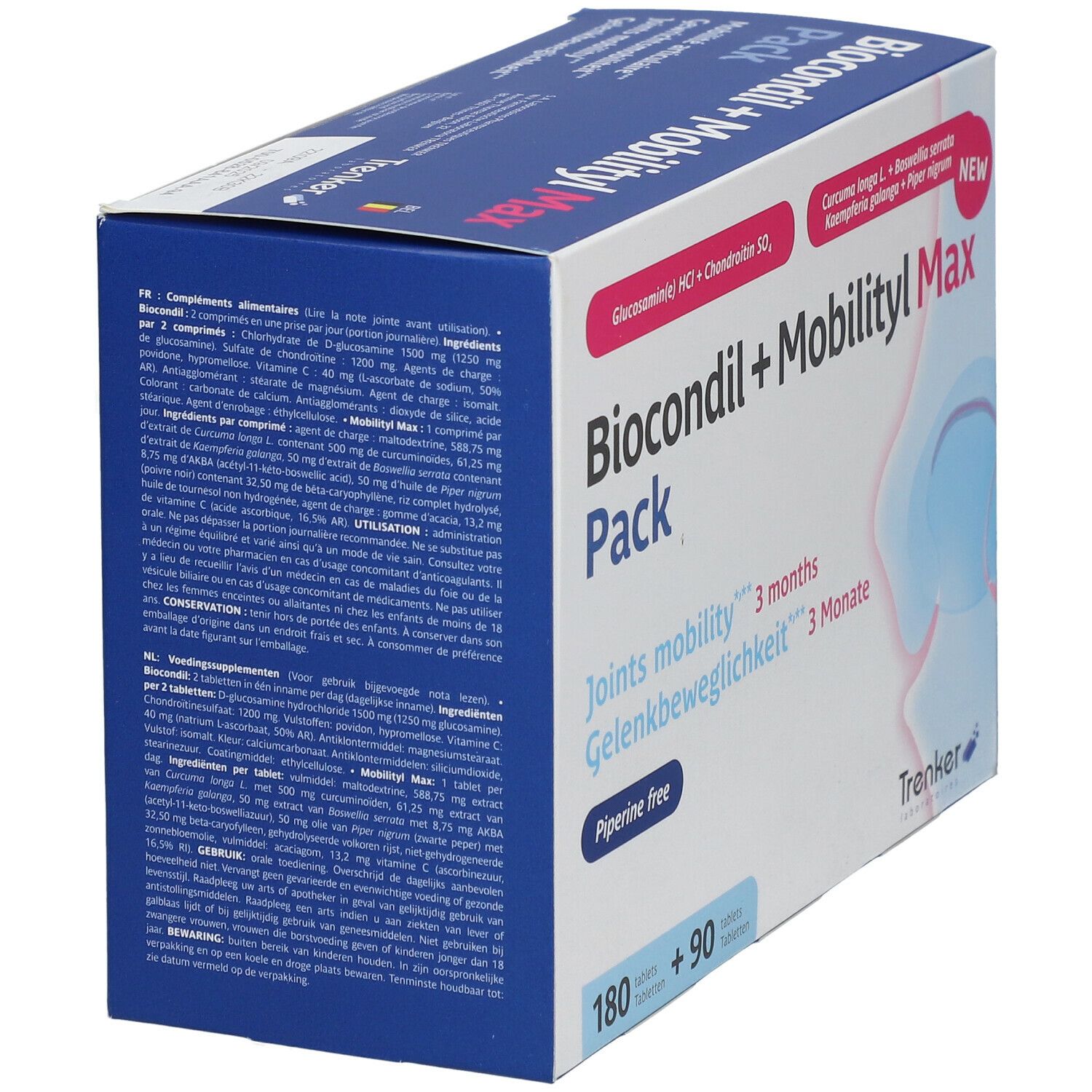 Doos "Biocondil + Mobilityl Max Pack". Bevat 180 + 90 tabletten. Opschrift "Joints mobility" en "Piperine free". Merk: Trenker. Detail van ingrediënten.