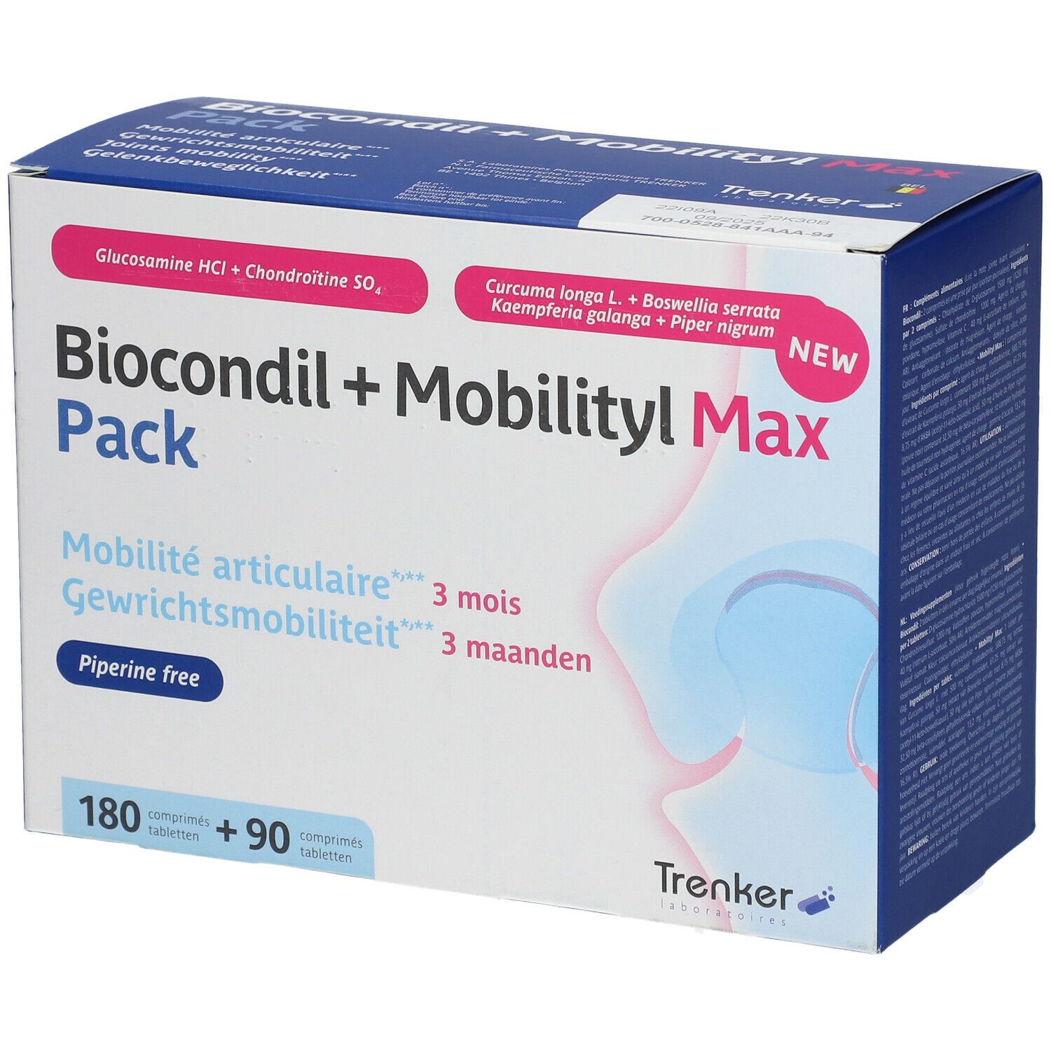 Doos "Biocondil + Mobilityl Max Pack". Bevat 180 + 90 tabletten. Opschrift "Mobilité articulaire" en "Piperine free". Merk: Trenker.