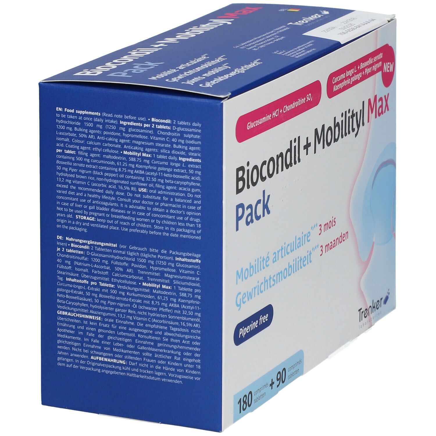 Doos "Biocondil + Mobilityl Max Pack". Bevat 180 + 90 tabletten. Opschrift "Mobilité articulaire" en "Piperine free". Merk: Trenker. Detail van ingrediënten.