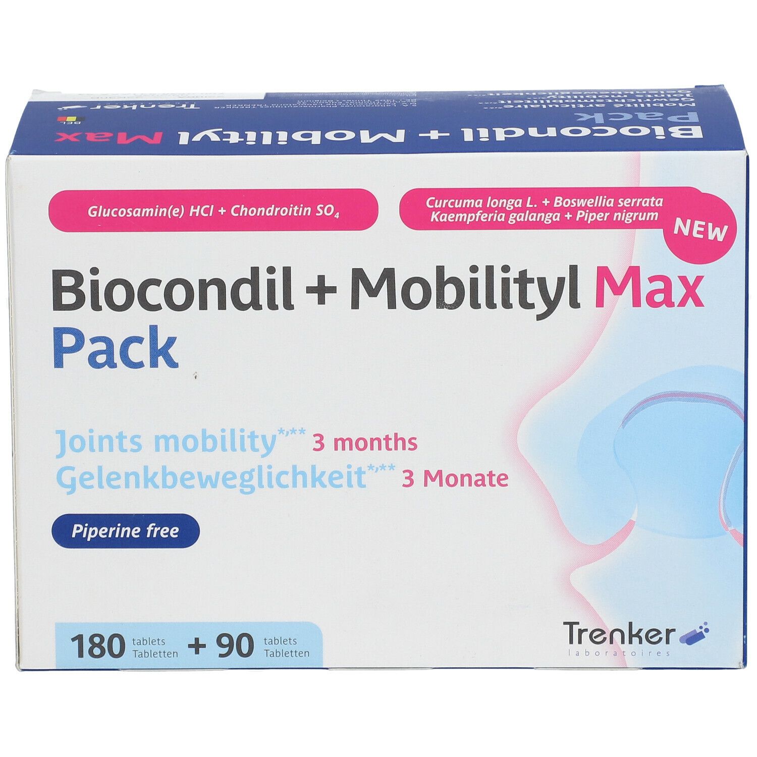 Doos "Biocondil + Mobilityl Max Pack". Bevat 180 + 90 tabletten. Opschrift "Joints mobility" en "Piperine free". Merk: Trenker.