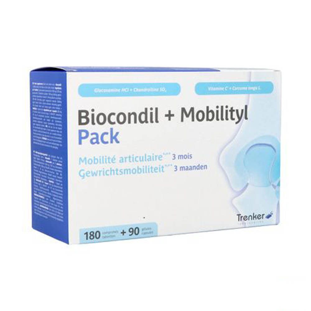 Verpakking Biocondil + Mobilityl. Bevat 180 tabletten en 90 capsules. Blauw-witte verpakking met productnaam en ingrediënten.