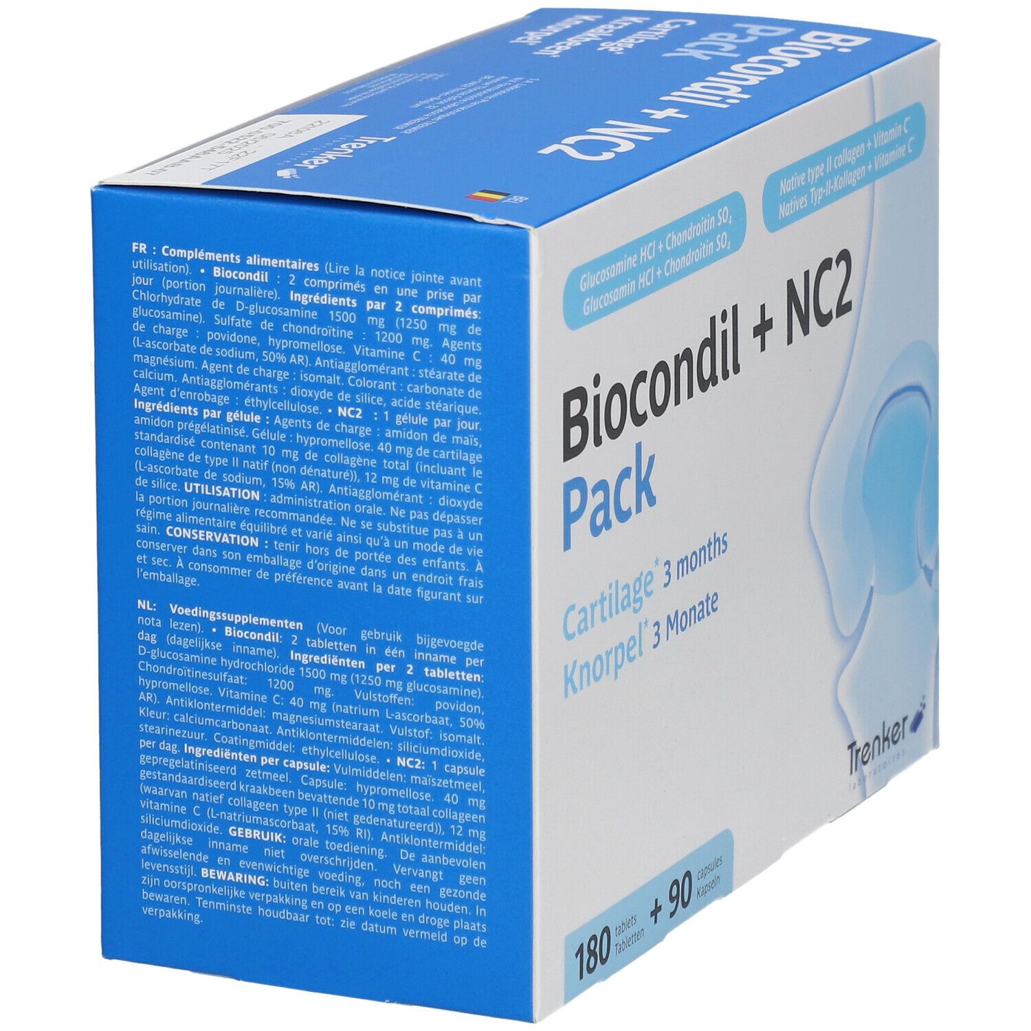 Boîte Biocondil + NC2 Pack. Contient 180 comprimés et 90 gélules. Contient glucosamine, chondroïtine, vitamine C et collagène.
