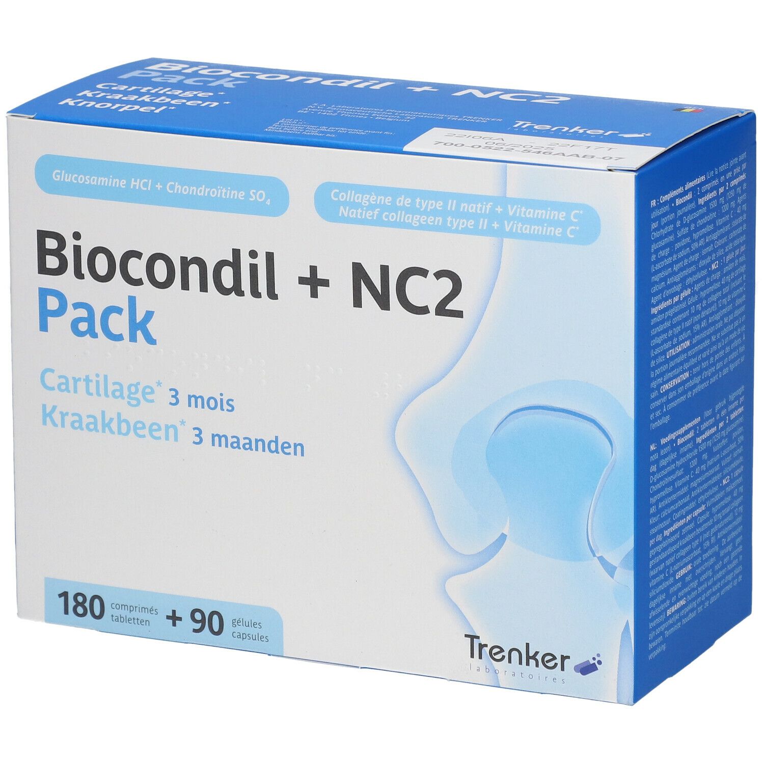 Boîte Biocondil + NC2 Pack. Contient 180 comprimés et 90 gélules. Contient glucosamine, chondroïtine, vitamine C et collagène.