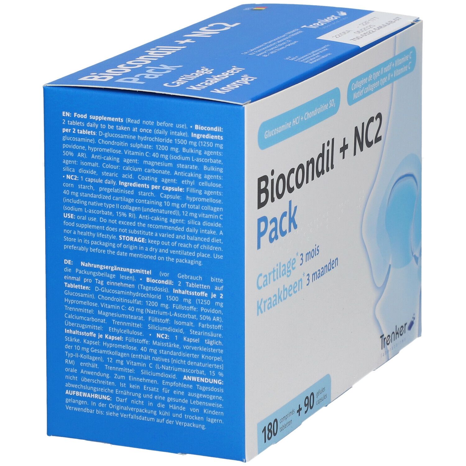 Boîte Biocondil + NC2 Pack. Contient 180 comprimés et 90 gélules. Contient glucosamine, chondroïtine, vitamine C et collagène.
