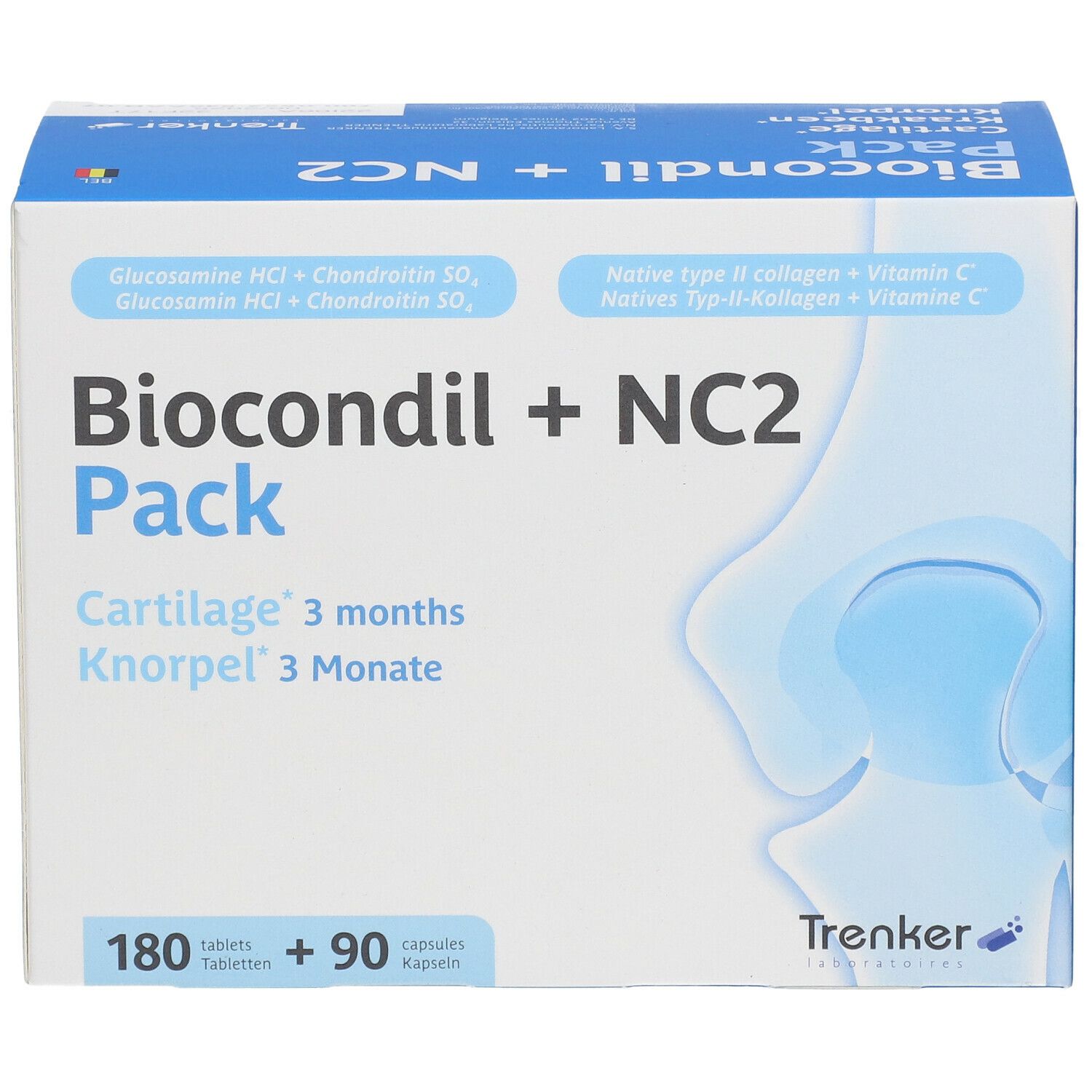 Boîte Biocondil + NC2 Pack. Contient 180 comprimés et 90 gélules. Contient glucosamine, chondroïtine, vitamine C et collagène.