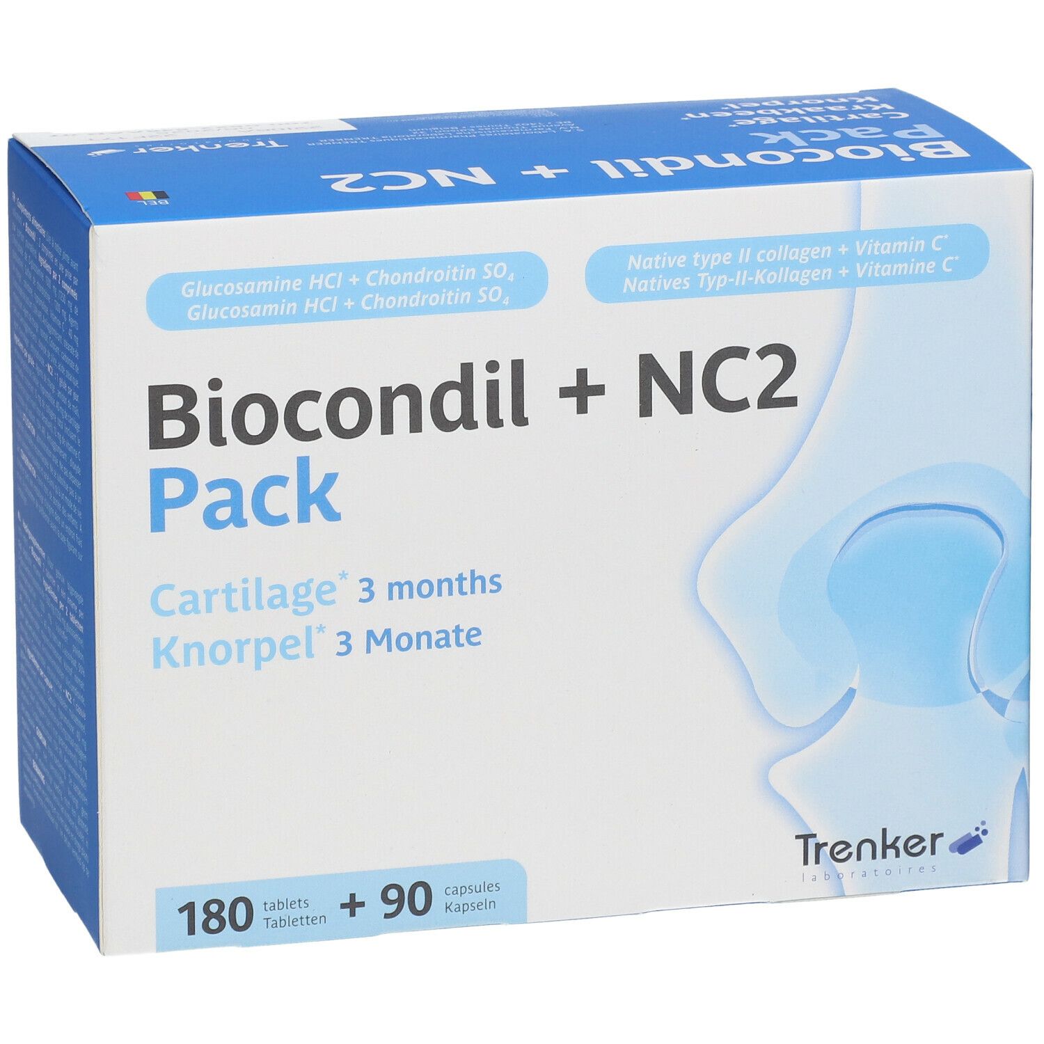 Boîte Biocondil + NC2 Pack. Contient 180 comprimés et 90 gélules. Contient glucosamine, chondroïtine, vitamine C et collagène.