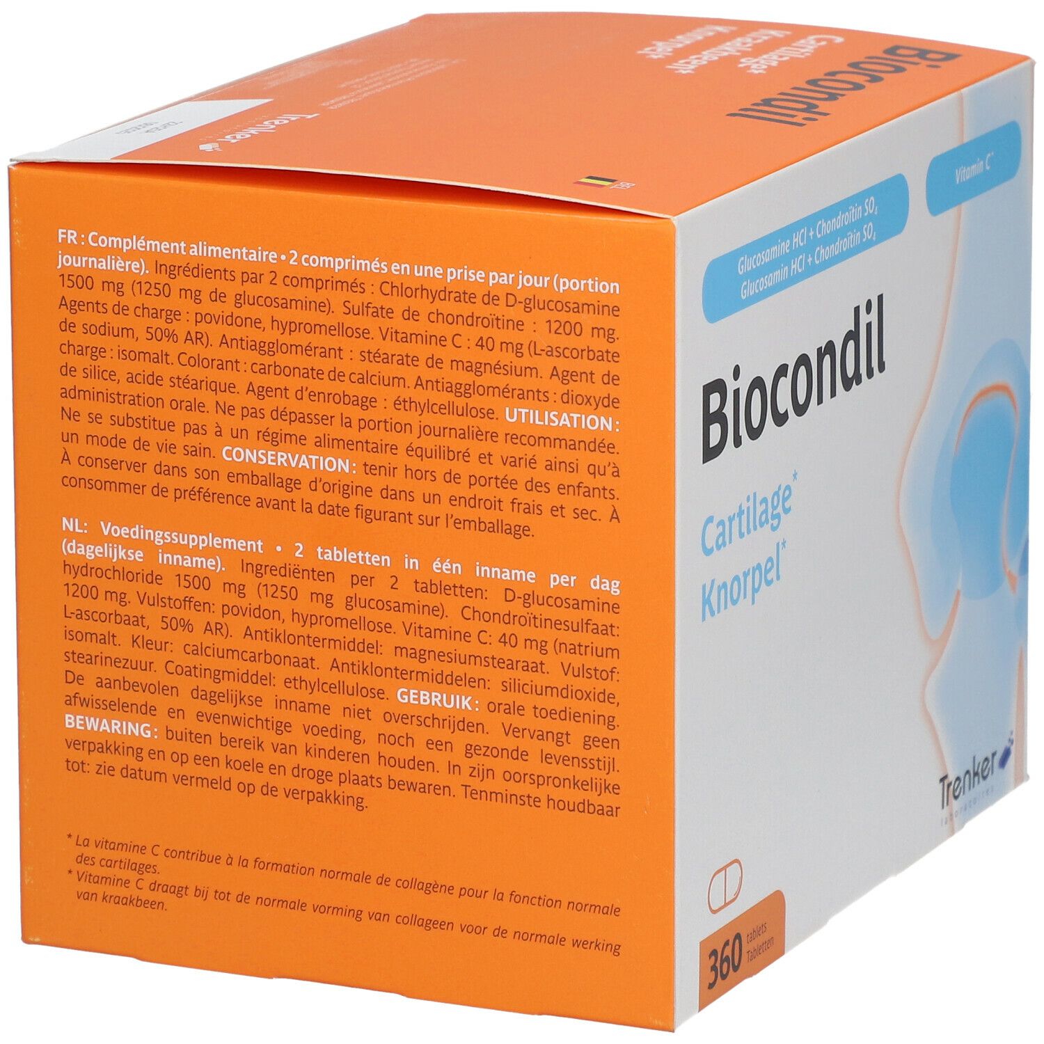 Achterkant van de Biocondil-verpakking. Bevat informatie over ingrediënten en gebruik. Oranje-witte verpakking.